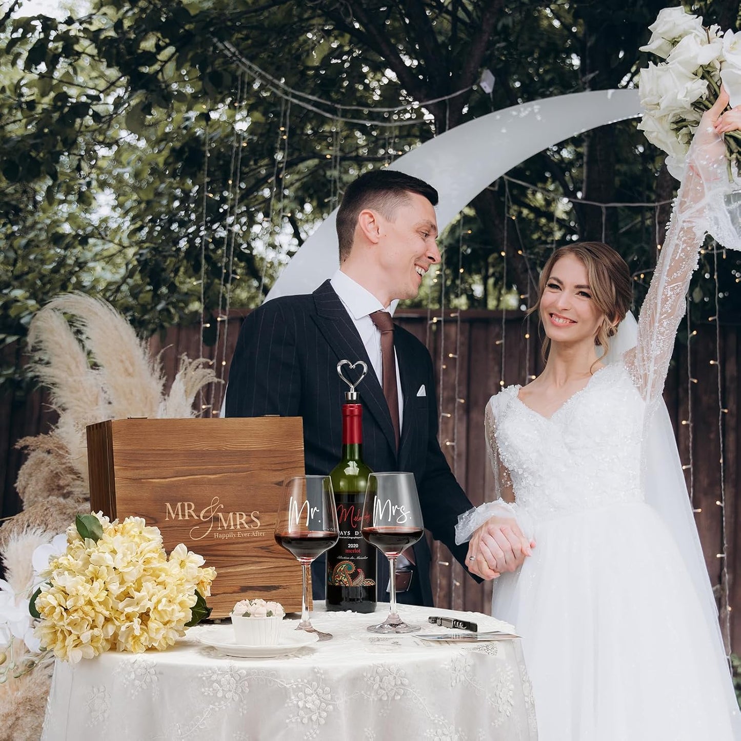 AW BRIDAL Mr and Mrs Wine Glasses Wedding Gifts for Couples 2025, Engagement Gift for Newlyweds, Bridal Shower and Bachelorette Gifts for Bride, Wine Opener Stopper and Engraved Wooden Keepsake Box