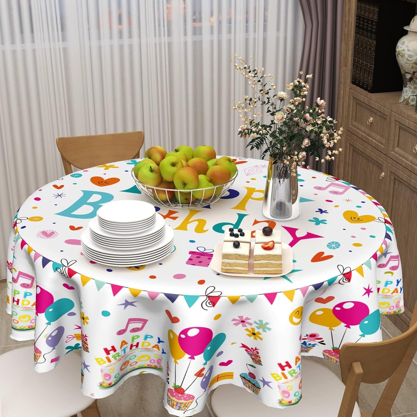 Giwawa Happy Birthday Round Tablecloth- Birthday Cake Design with Colorful Flags Balloons Gifts Collection- 60in Circle Table Cloth Cover for Birthday Party Decoration Kitchen Dining Room