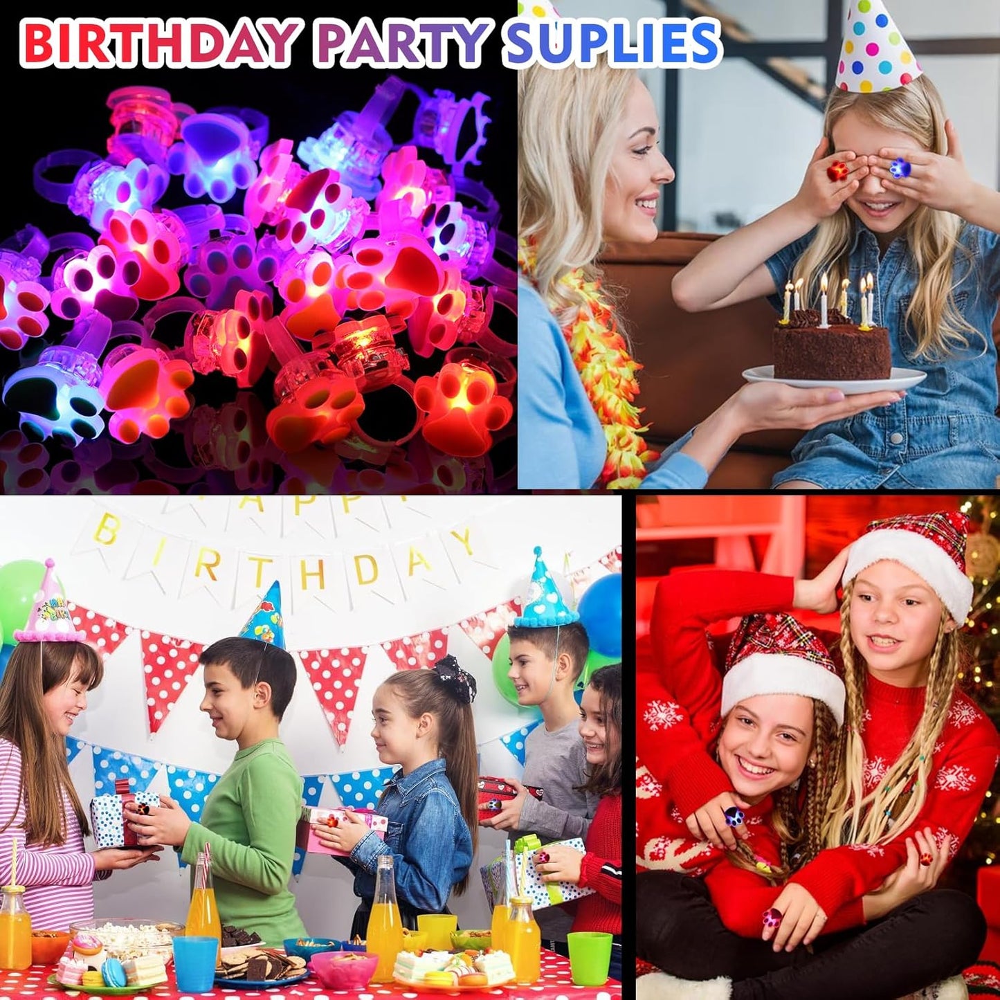 TUWUNA Paw Print LED Light Up Rings 24 Pcs Paw Party Favors Glowing Finger Rings Toys for Pet Puppy Dog Birthday Party Supplies,Classroom Prizes Pinata Goodie Bag Stuffers Gifts