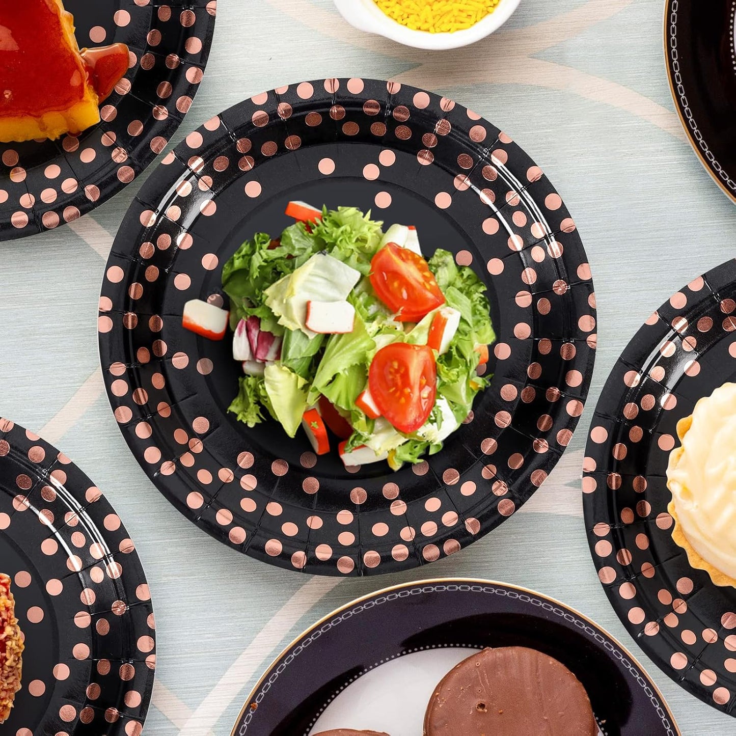 Disposable Paper Plates 100 Pack- Black and Rose Gold Paper Plates 50 x 7" & 50 x 6.5" Napkins, Black Plate and Napkins Party Supplies for Graduation Retirement, All Occasions