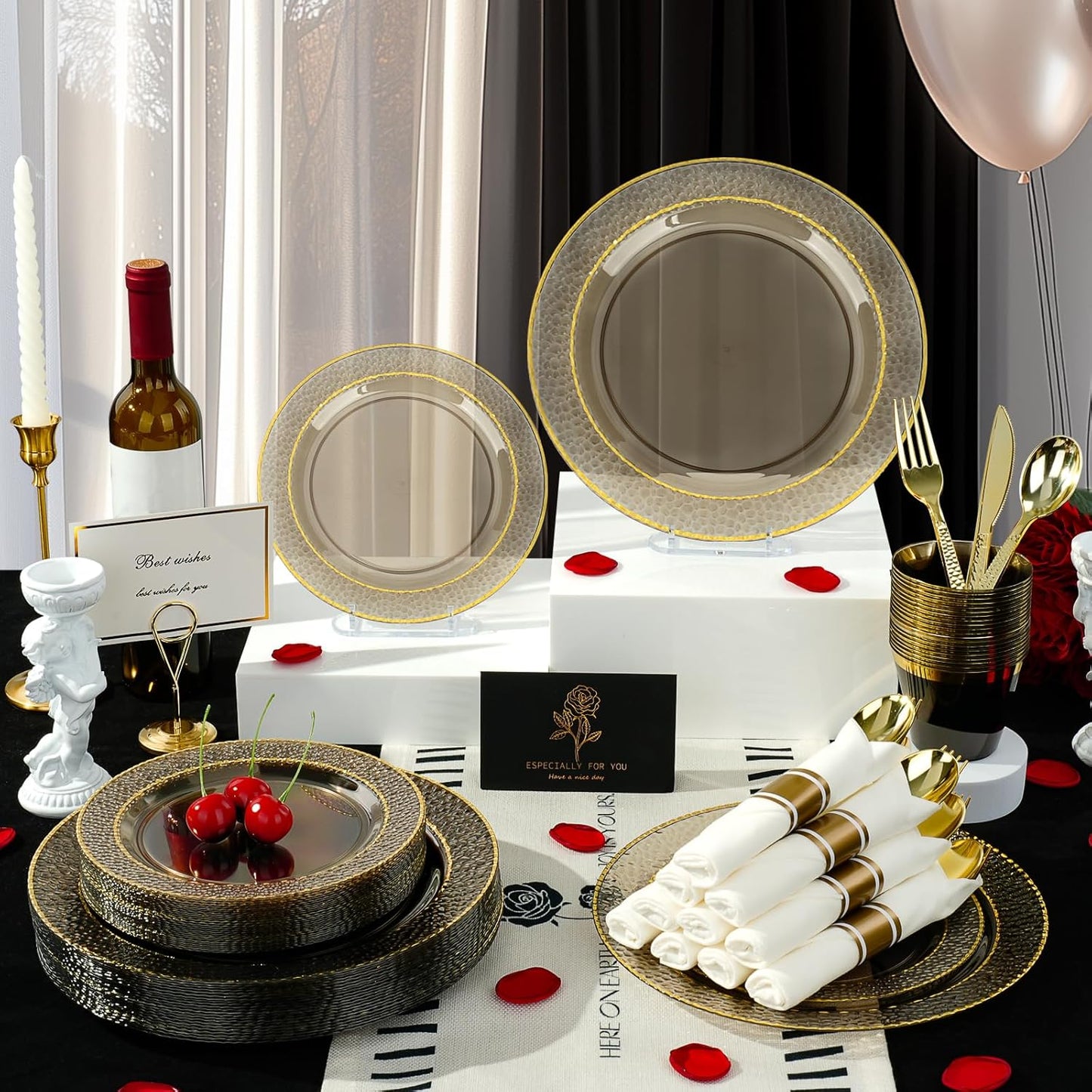 350PCS Clear Black Plastic Plates for 50 Guests, Disposable Dinnerware Set for Party and Graduation, Includes 100 Plastic Plates, 50 Pre Rolled Napkins with Gold Silverware, 50 Cups