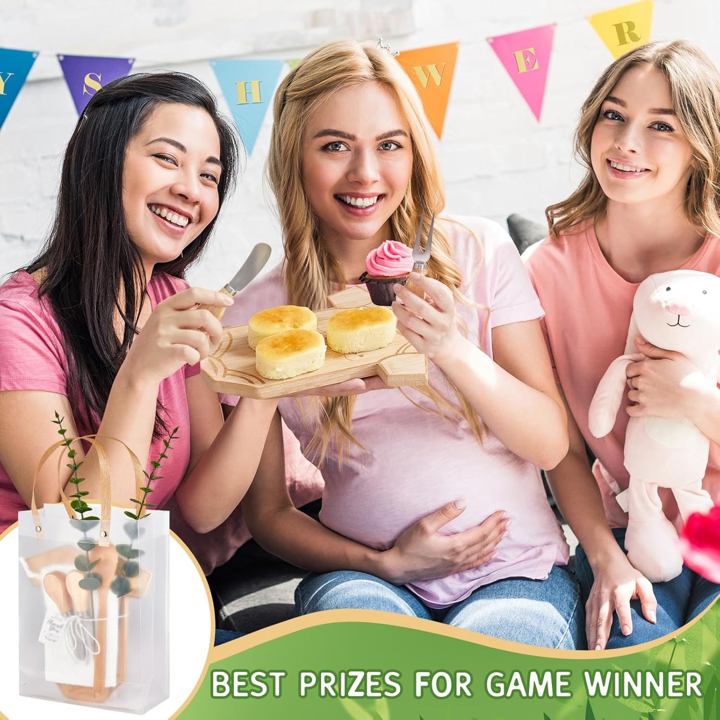 Baby Shower Prizes for Game Winners Bodysuit Shaped Cheese Board Gift with Spoons Butter Spreaders Gift Bags Kitchen Towels Bridal Shower Party Favors for Guests (Bodysuit Shaped, 4 Sets)