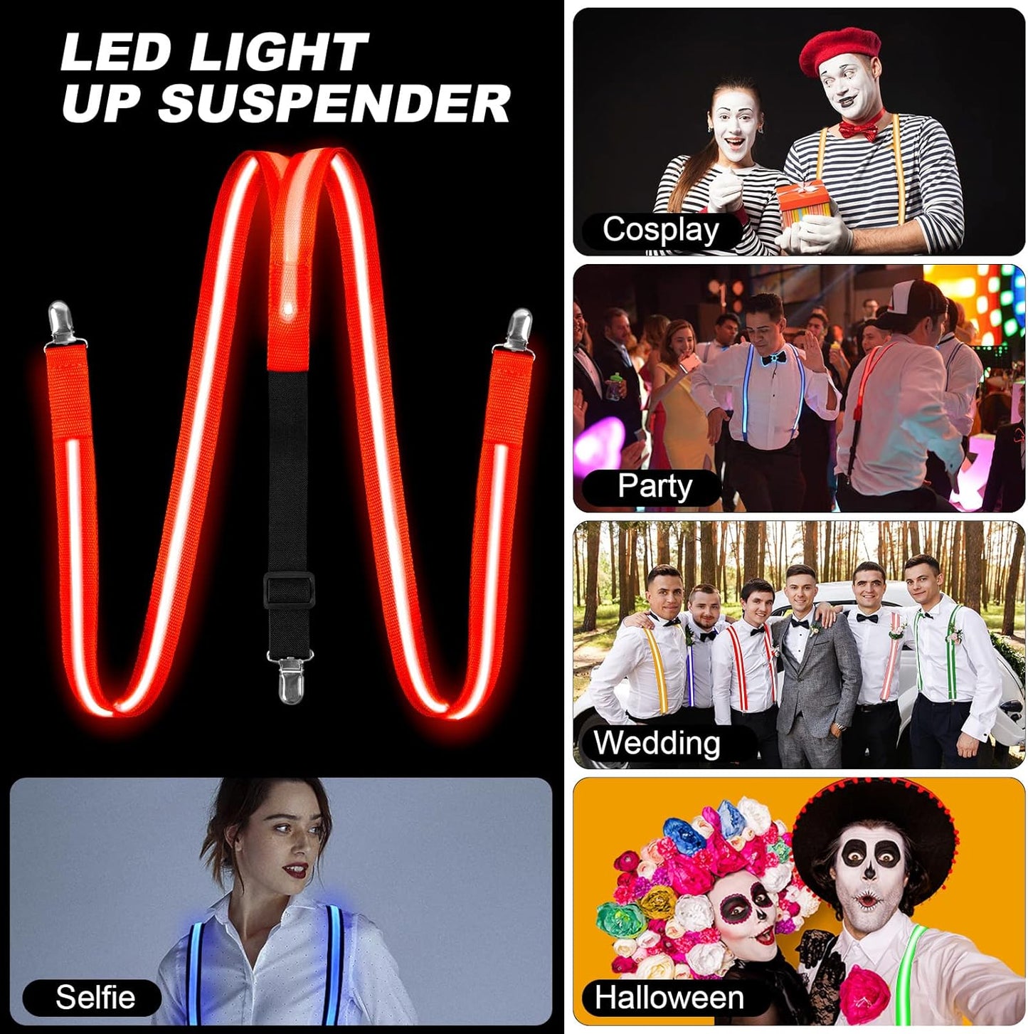 Ainiv Light Up Neckties Bowties Suspenders LED Party Supplies Glow in the Dark Adjustable for Women and Men Parties