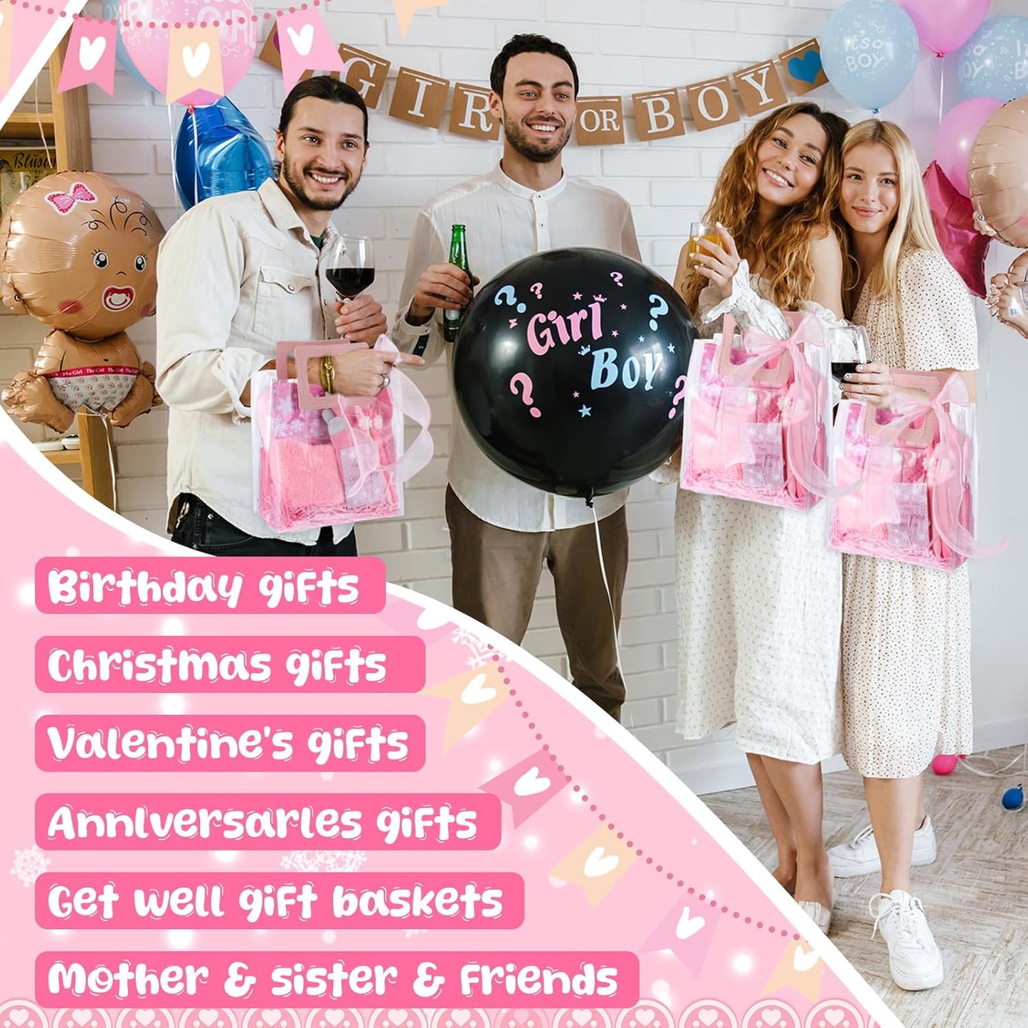 Shihanee 6 Sets Baby Shower Prizes for Game Wedding Bridal Shower Winners Favors Include Beanie Hat Touch Screen Gloves Fuzzy Socks Plush Sleep Eye Mask Cup Sleeves Ballpoint Pen Card Gift Bags(Pink)