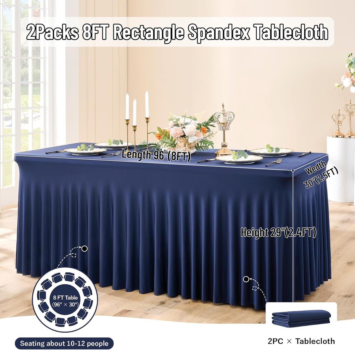 leegleri 2 Pack Navy Blue Spandex Tablecloths for 8 Foot Rectangle Tables, Wrinkle Free Fitted Table Cloths 8ft Stretchy Table Cloth Cover with Skirt for Parties Weddings Birthday Banquet Baby Shower