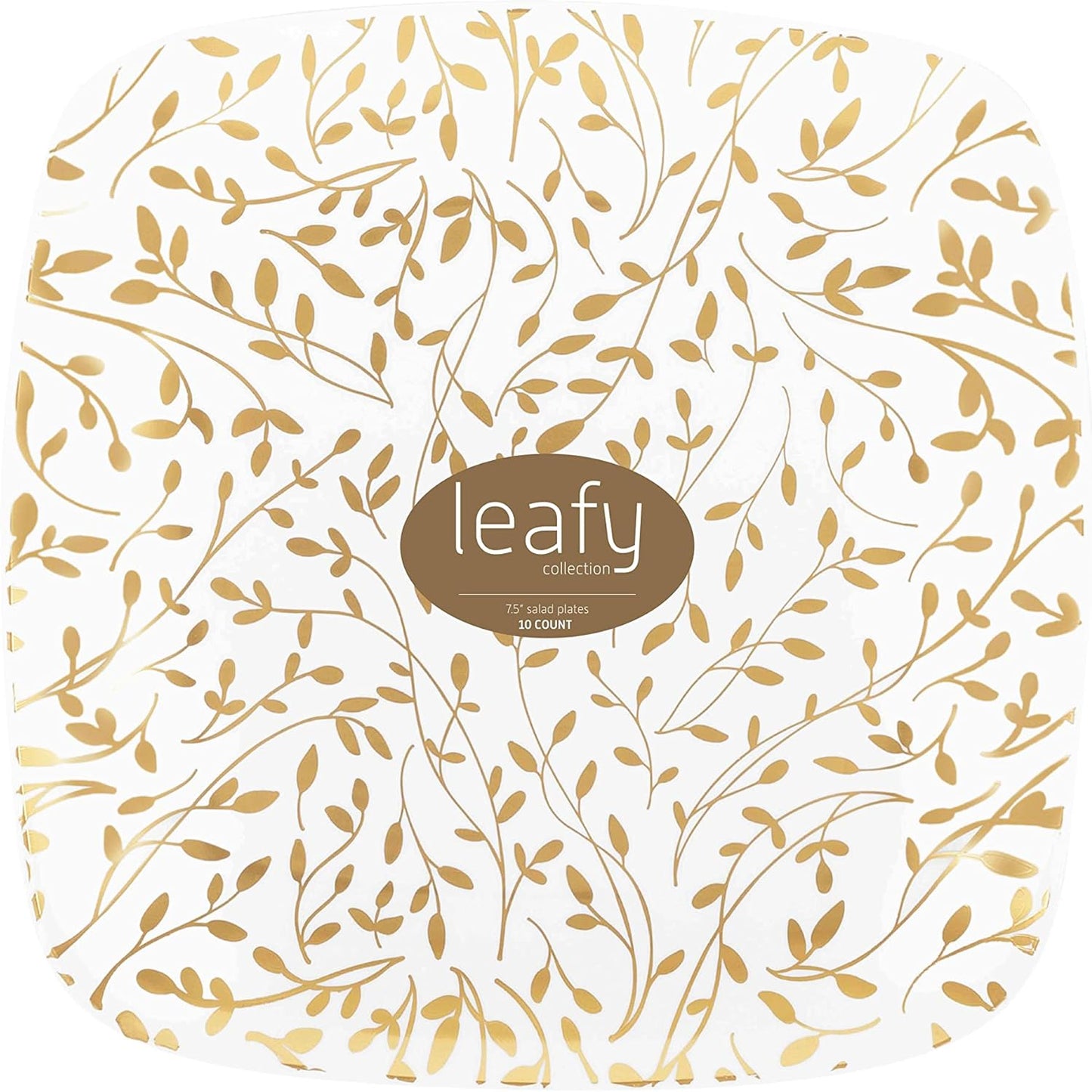 PLASTICPRO Square 32 Piece Combo Plates Set includes 16 x 7'' inch Salad Plates & 16 x 10'' inch Dinner Plates White Plastic with Gold Leaf Design Party Plates, Premium heavyweight