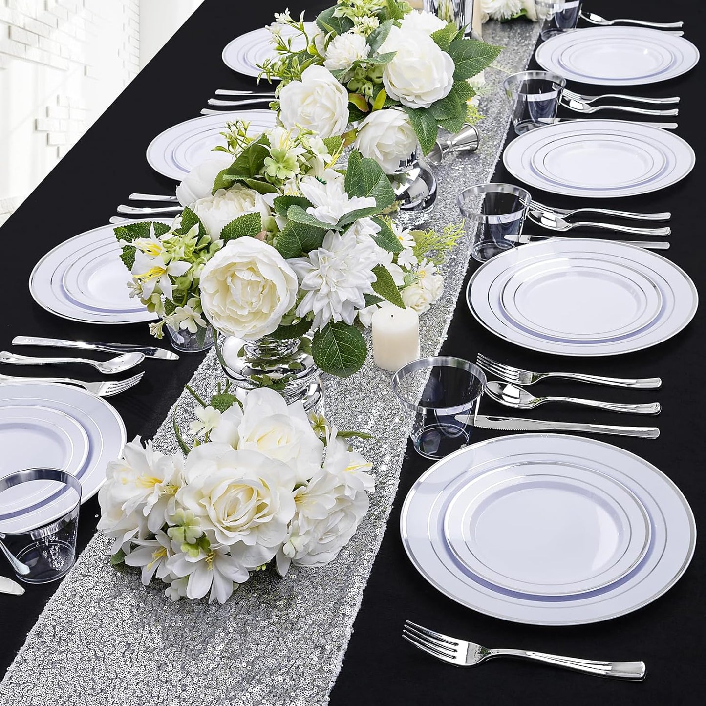 bUCLA 600pcs Silver Plastic Dinnerware Set for 100 Guests - Silver Christmas Dinnerware Set Disposable for Party - Include 100 Dinner Plates,100 Dessert Plates,100Cups,100 Knives,100 Forks,100 Spoons