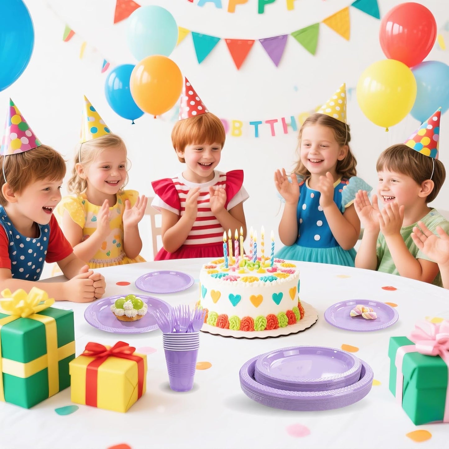 MirthMood 350PCS Lavender Plastic Plates,Lavender Disposable Plates Set – Plastic Plates Set Includes 50 Dinner,50 Dessert Plate,50 Cup&50 Napkins, 50 Lavende Silverware for Wedding & Birthday Parties