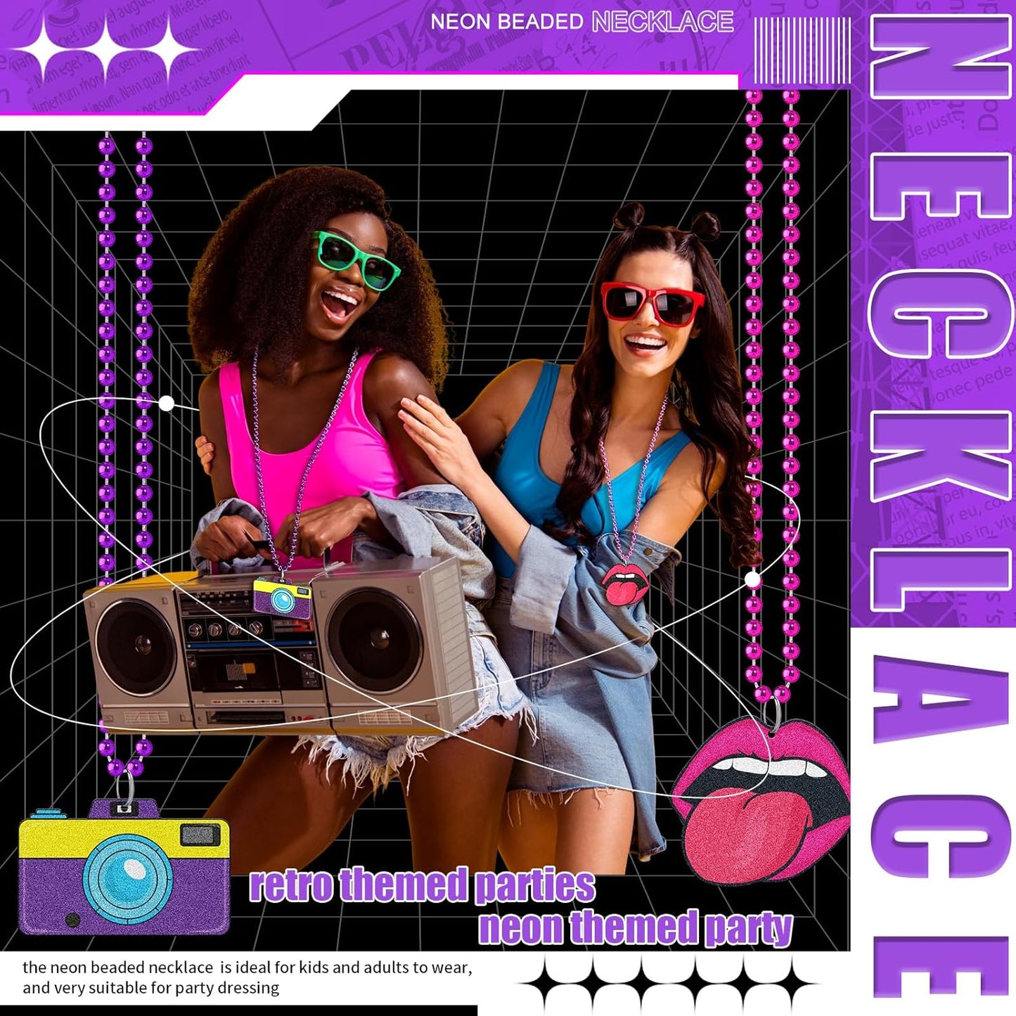 Tigeen 48 Pcs 80s Beaded Necklaces Metallic Neon Beads Retro Glow Party Disco Necklaces Bulk Colorful Rock Music Decor for Women 1980s Party Favors Supplies Mardi Gras Favor, 12 Styles