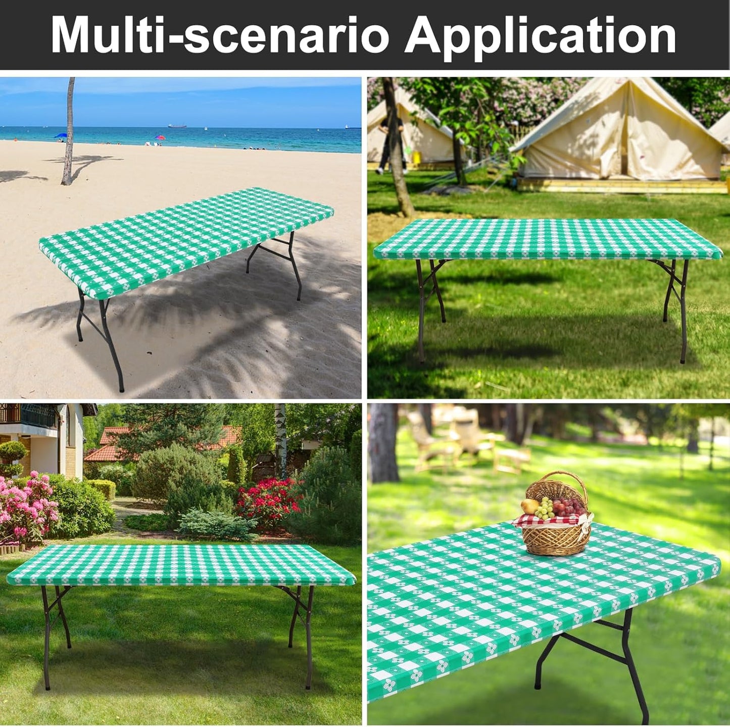 Rectangle Vinyl Table Cloth, Waterproof Elastic Fitted Tablecloth with Flannel Backing, Plastic Table Cover for Picnic, Camping, Outdoor (White & Green, 30"x72")