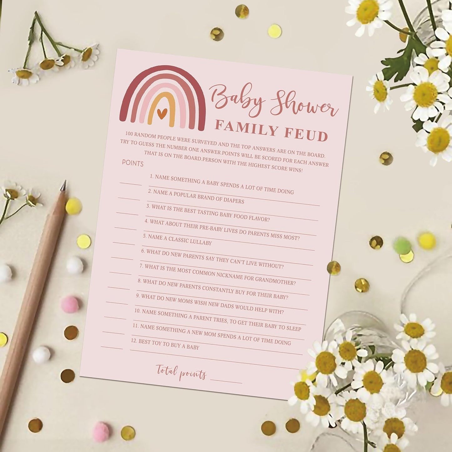 Family Feud Baby Shower Game - Pack of 30 Cards, Answer Key, Rainbow Baby Feud Game Supplies-05A-Indipink