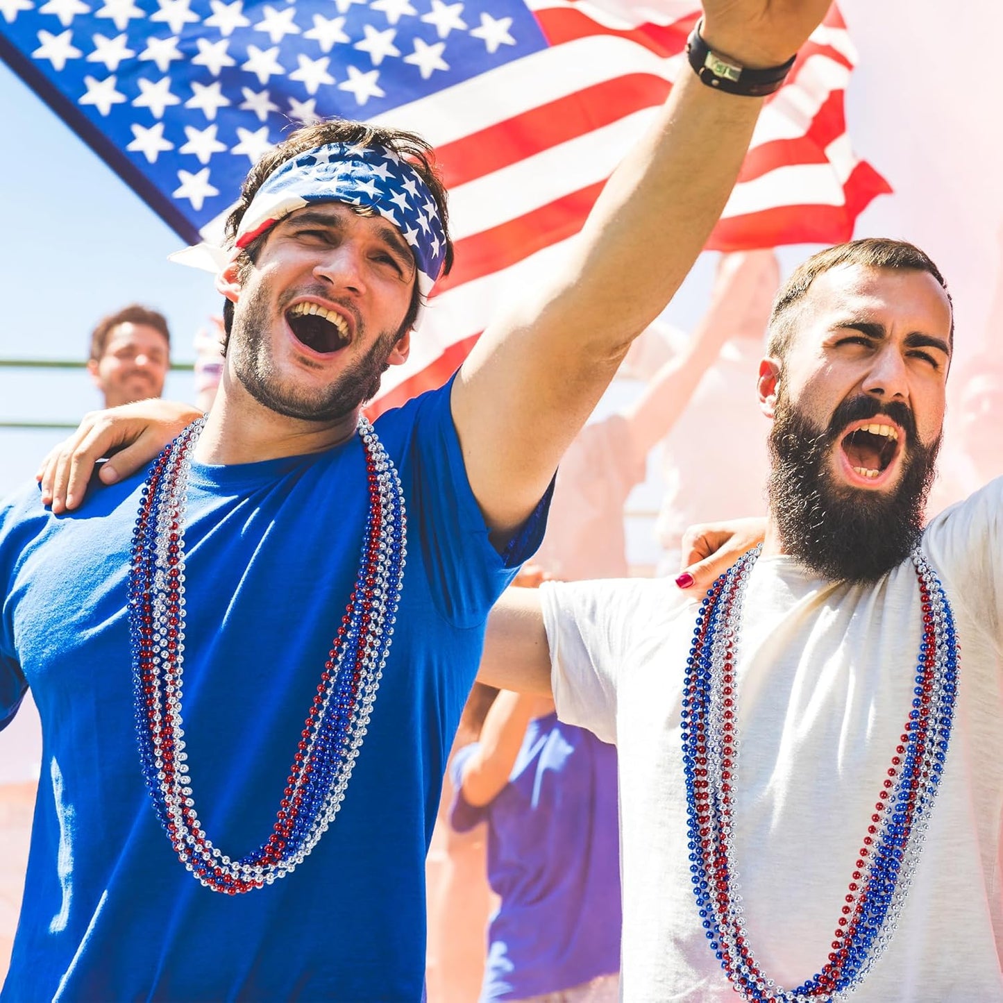 12 PCS 4th of July Beads Necklaces, 33" Red Silver Blue Beaded Necklaces Bulk, Patriotic Round Beads, Independence Day Parade Suppliesfor Fourth of July Party Accessories Decorations Favors