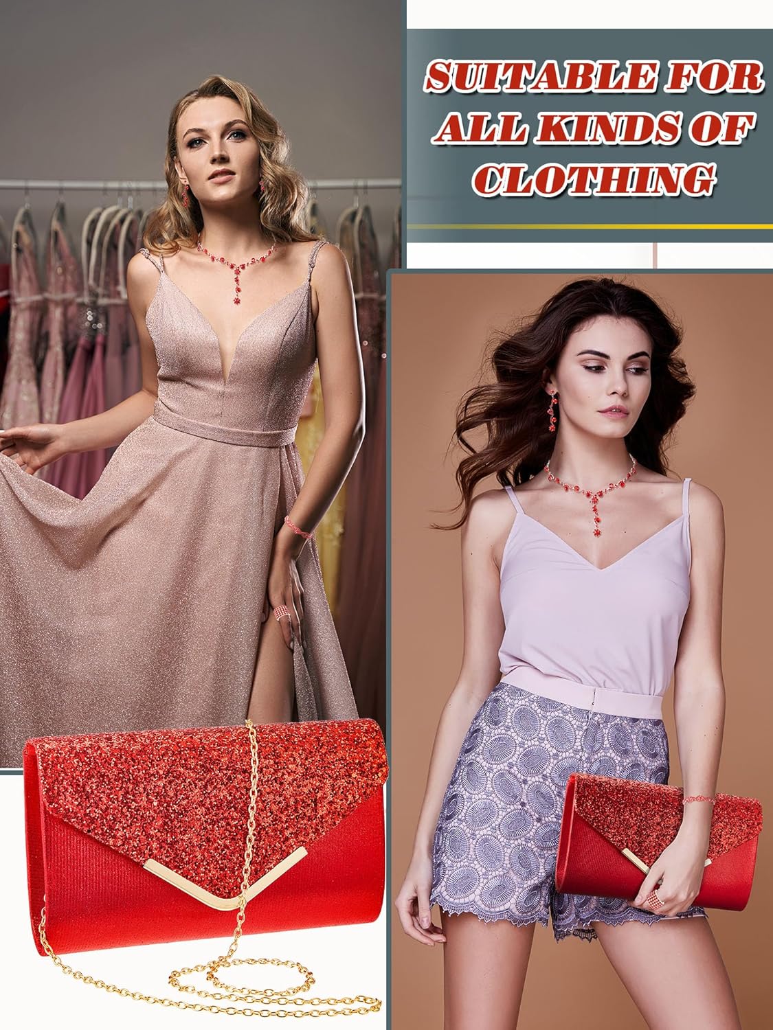 Henoyso 5 Pcs Purse Rhinestone Jewelry Set Prom Jewelry Rhinestone Clutch Purse Necklace Earrings Bracelets for Women Bride