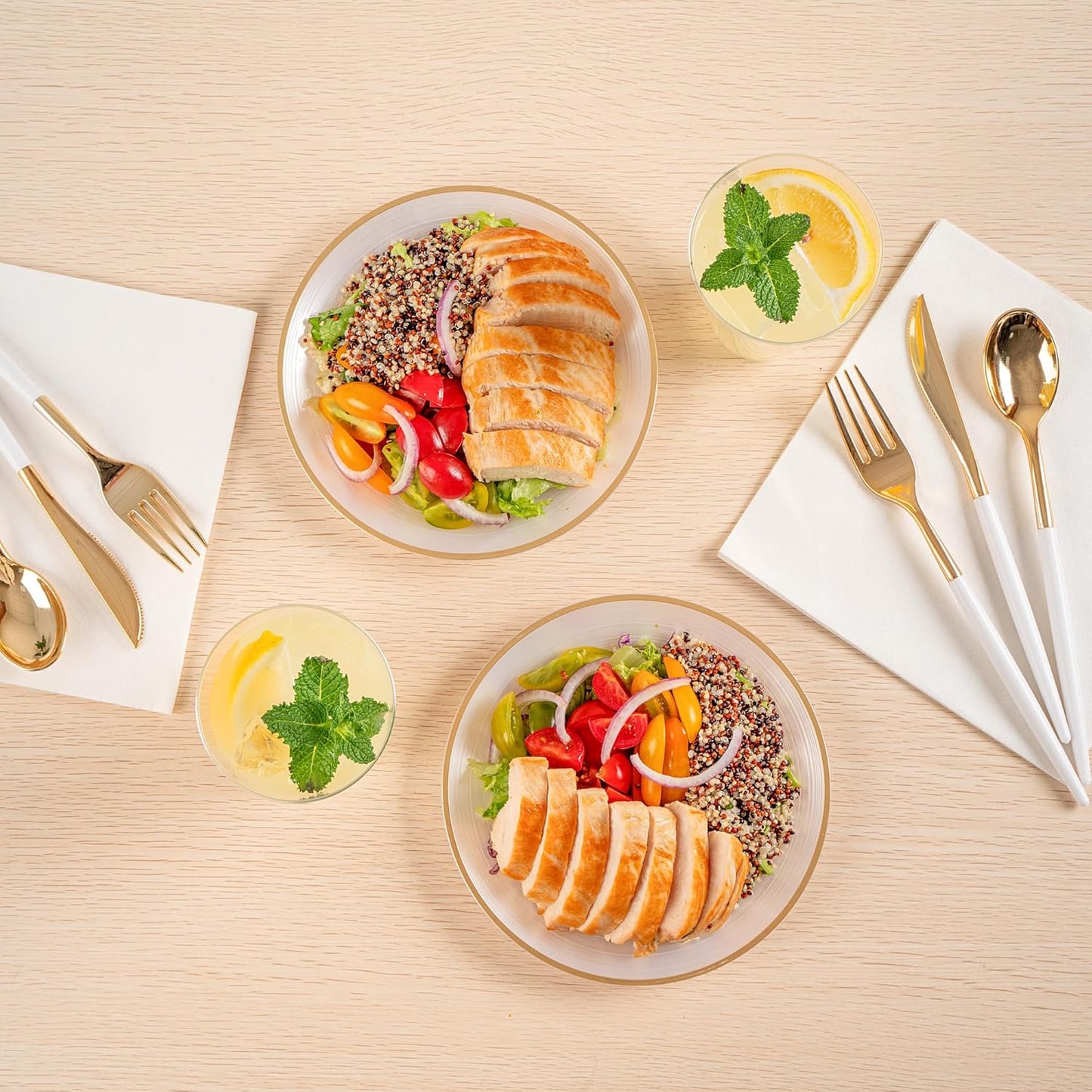 Restaurantware Plastic Plates 100 Pcs 7.25" Gold Rimmed Disposable Plates Heavy-Duty White Translucent Rippled Plastic Dinner Servers for Party, Weddings, Salads, Desserts, and Appetizers