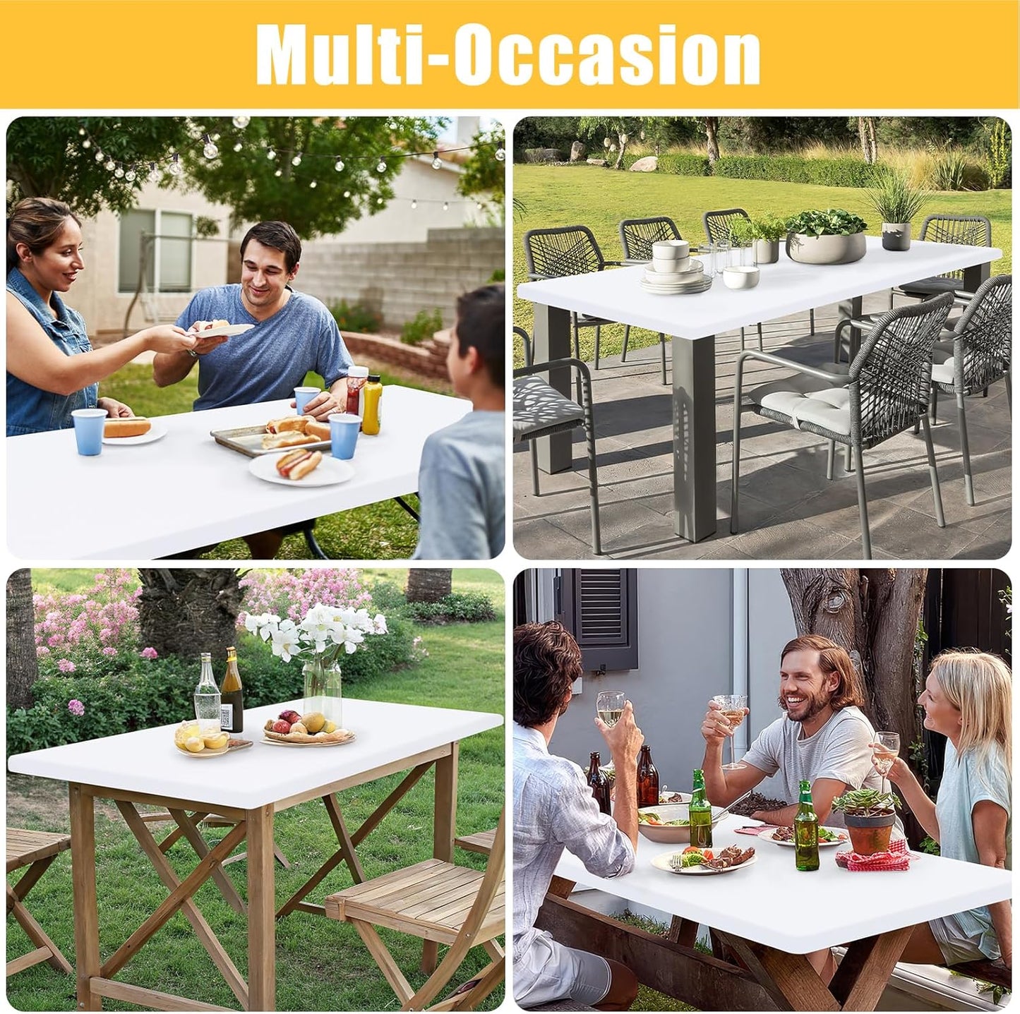 Rectangle Table Cloth, Waterproof Elastic Fitted Tablecloth for 5 Foot Folding Tables, Washable Polyester Tablecloths for Picnic, Camping, Outdoor (White, 30"x60")