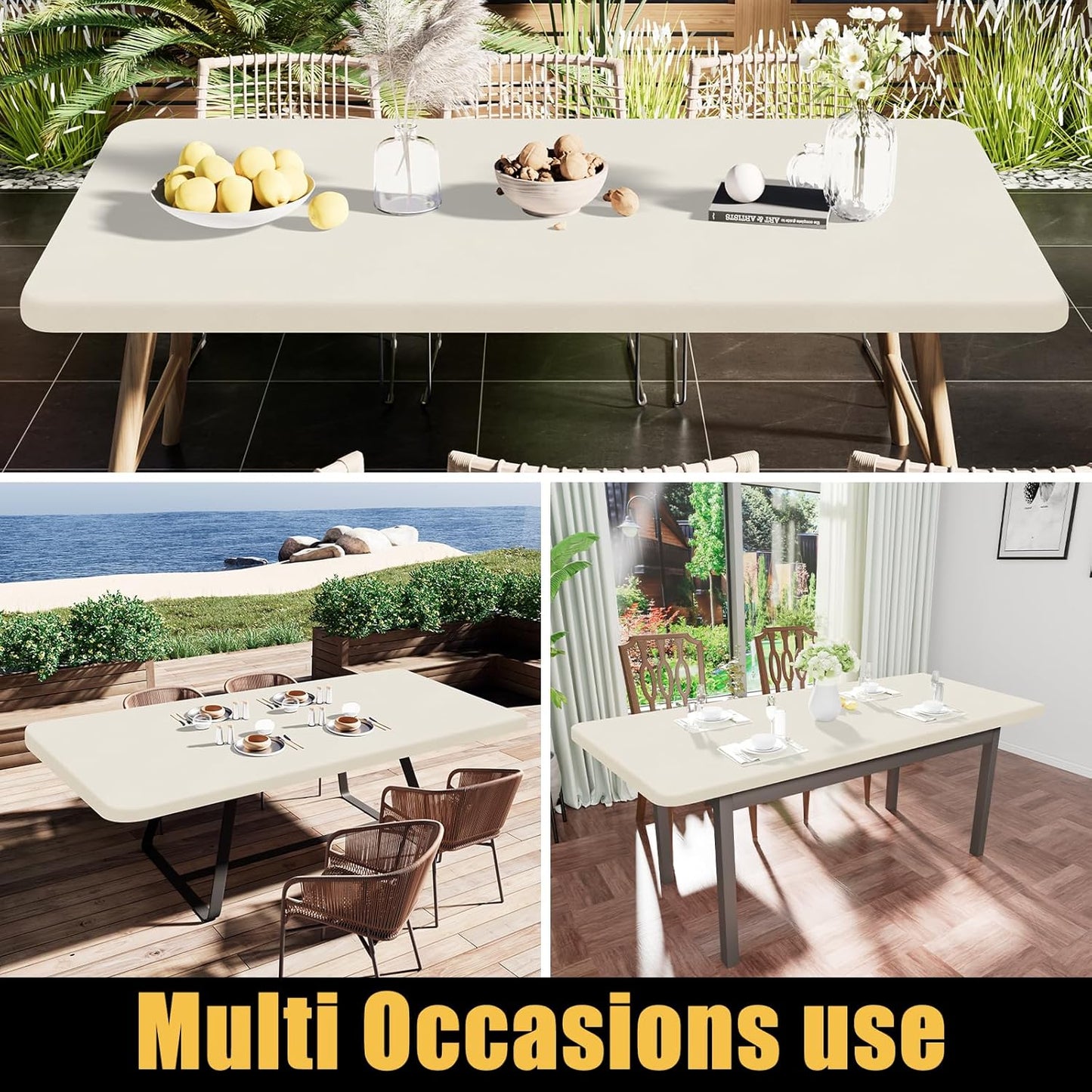 Smiry Rectangle Tablecloth, Elastic Fitted Flannel Backed Vinyl Tablecloths for 6ft Folding Tables, Waterproof Wipeable Table Covers for Indoor, Outdoor, Picnic and Camping (Beige, 30"x72")