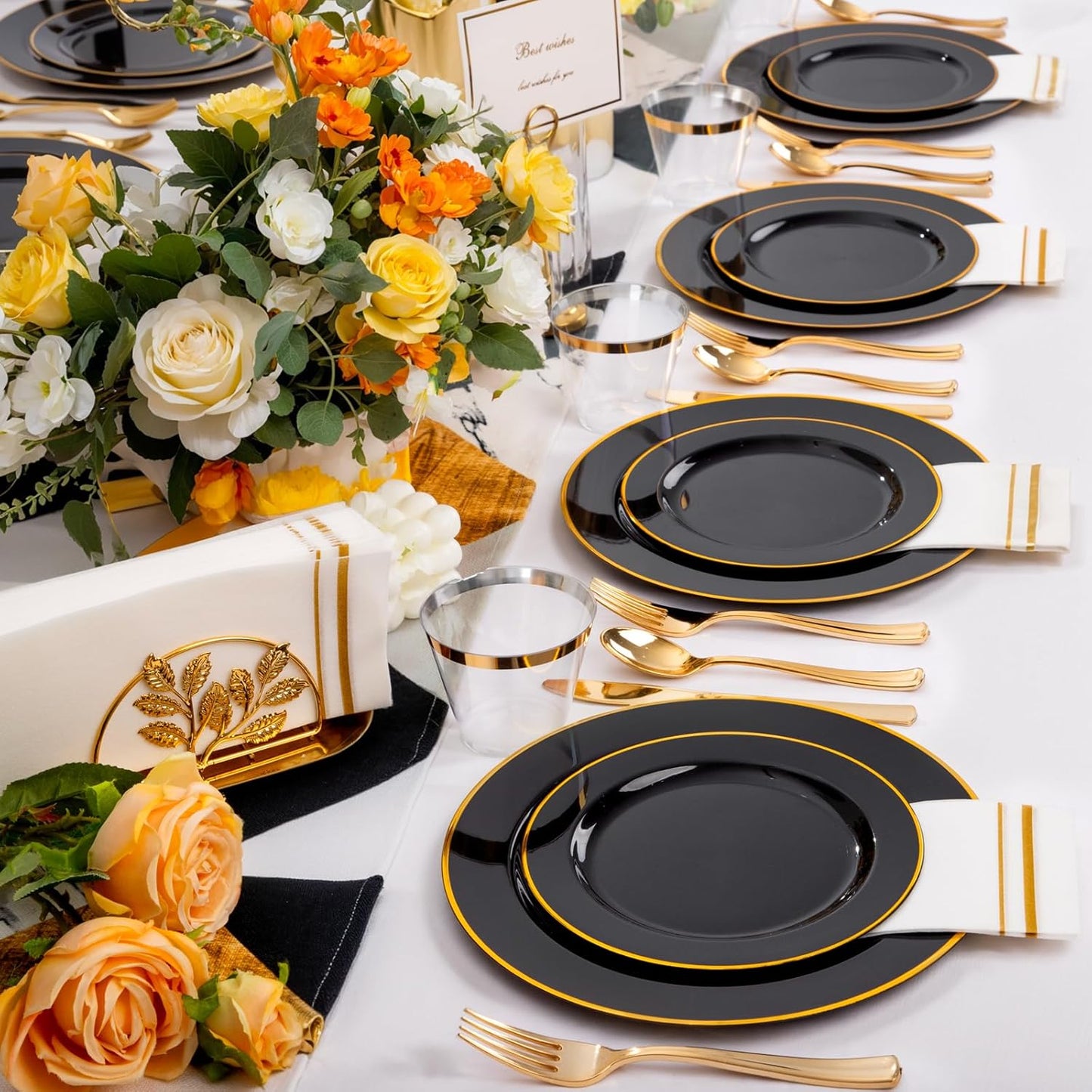SUT 350-Piece Black and Gold Disposable Plates - Elegant Plastic Dinnerware for 50 Guests, Includes Cups & Napkins | Durable Leak-Proof Design for Weddings, Birthdays, Holidays