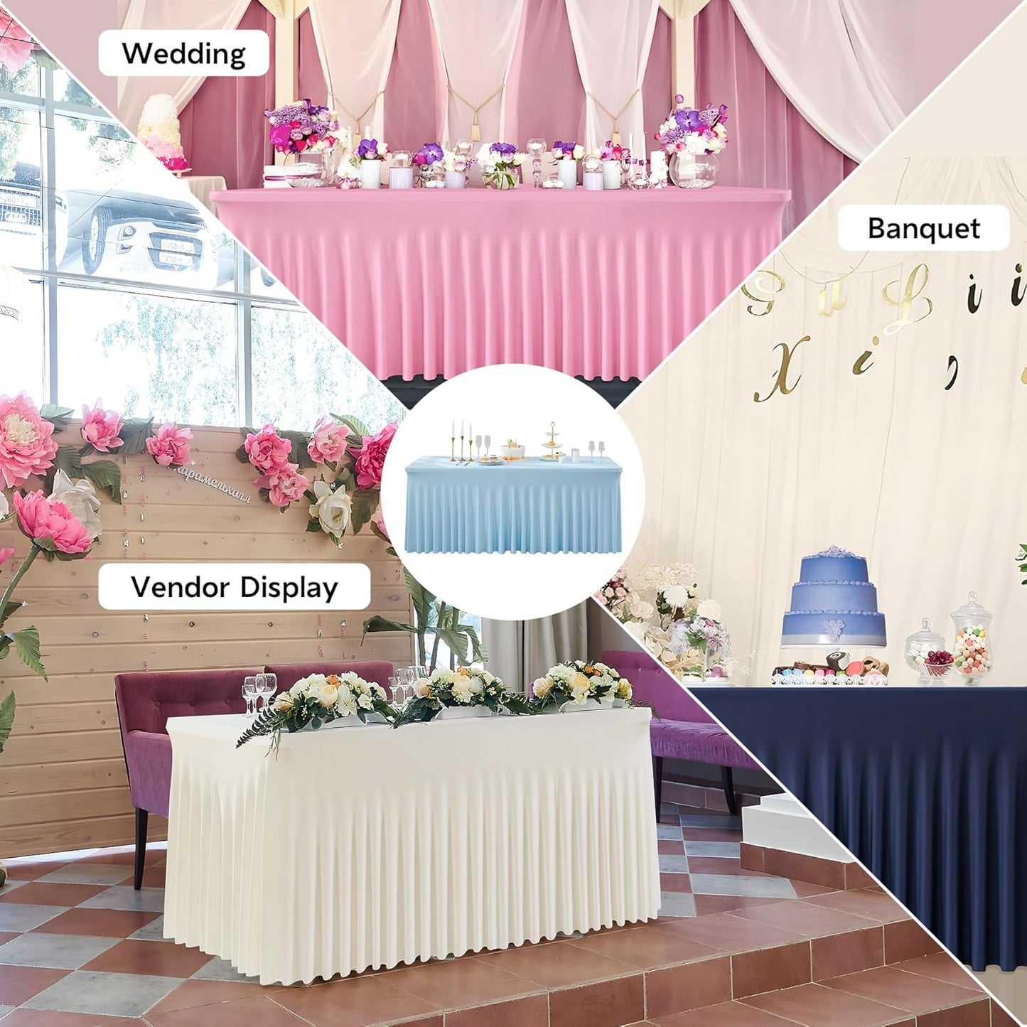 leegleri 4 Pack Blue Spandex Tablecloths for 8 Foot Rectangle Tables, Wrinkle Free Fitted Table Cloths 8ft Stretchy Table Cloth Cover with Skirt for Parties Weddings Birthday Banquet Baby Shower