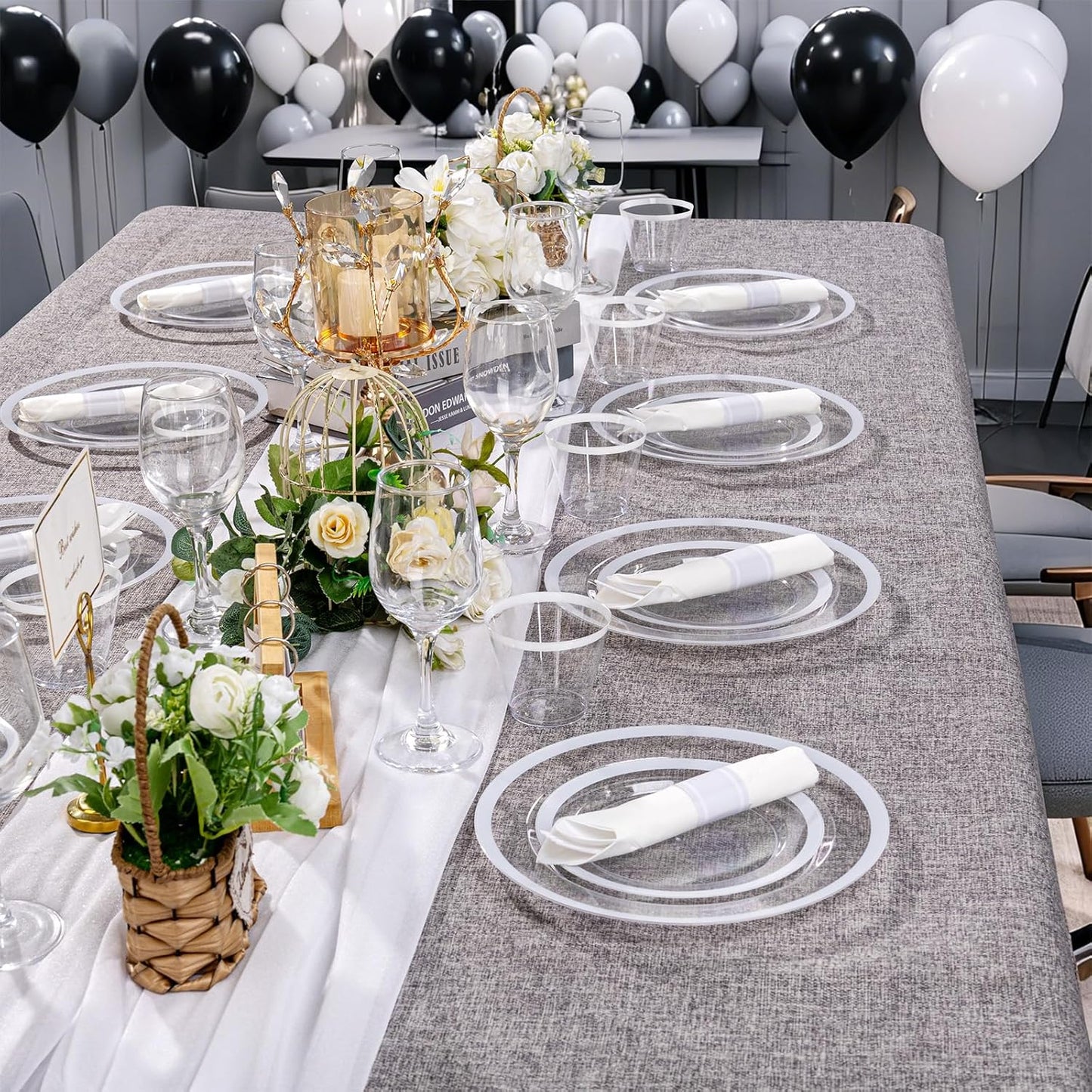 I00000 350 Pcs Clear White Plates for 50 Guests, White Dinnerware Include 100 Plates, 50 Cups, 50 Pre Rolled Napkins with Cutlery Set for Party and Wedding