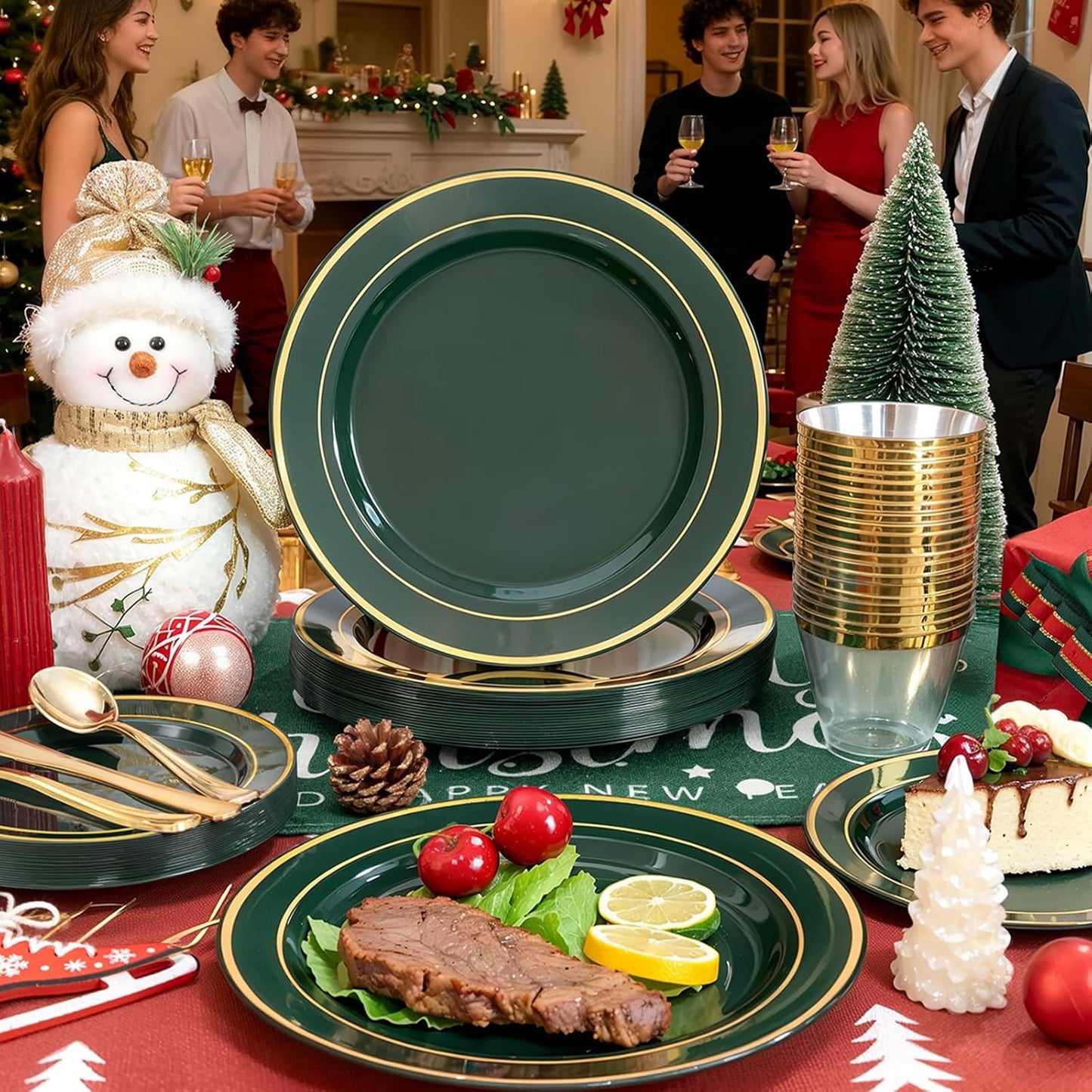 350PCS Green and Gold Plates - Green Plastic Plates 50Guests Plastic Christmas Plate with Rolled Napkins for Party/Christmas/Birthday