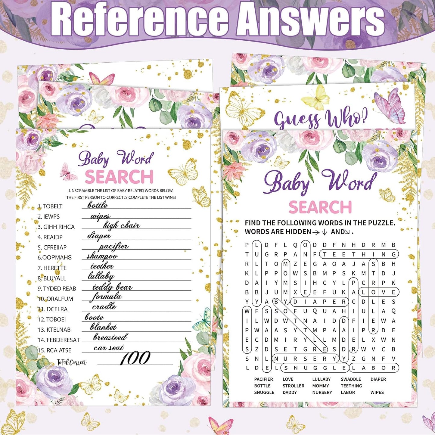 426 Pcs Butterfly Baby Shower Games Set-8 Games, Includes Baby Shower Bingo, Price is Right, Guess Who, Word Scramble, Prediction and Advice, How Big is Mommy's Belly, Don't Say The Words