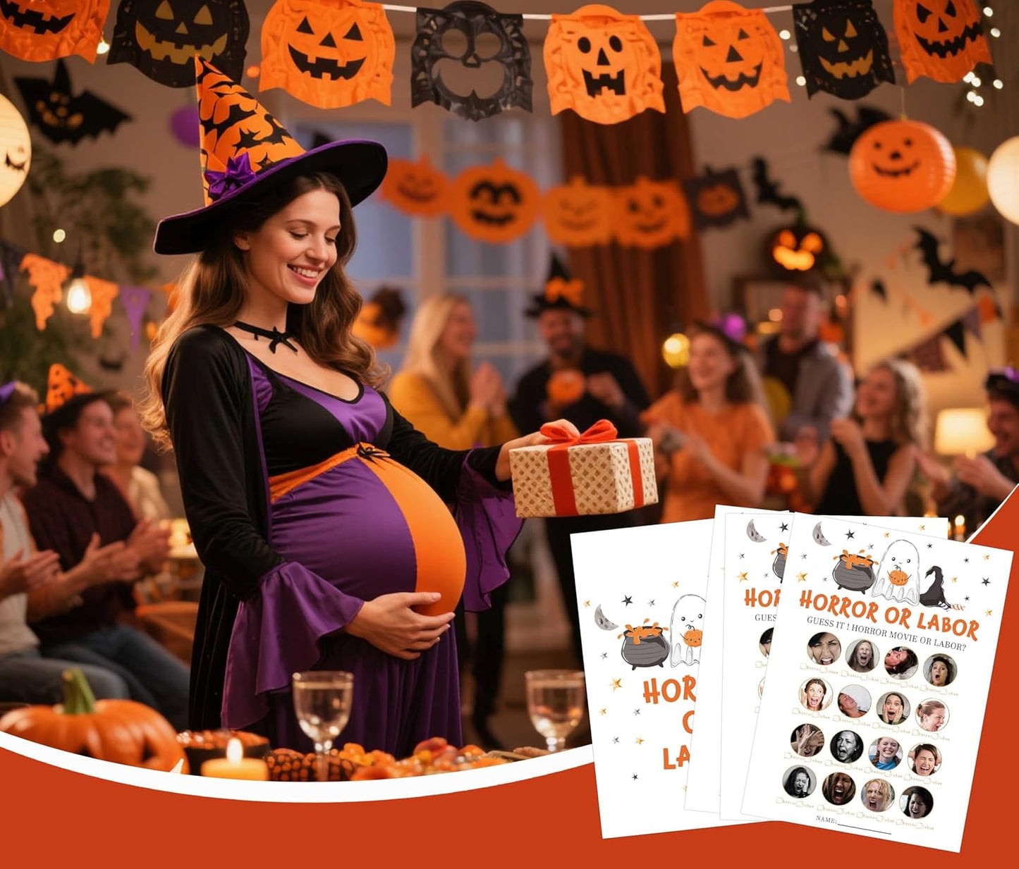 Labor or Horror Halloween Baby Shower Game, 30 Halloween Gender Reveal Games for Guests (Included Answer Card) 5x7 inch, Perfect for Neutral Gender Reveal Decorations Party Favors Supplies