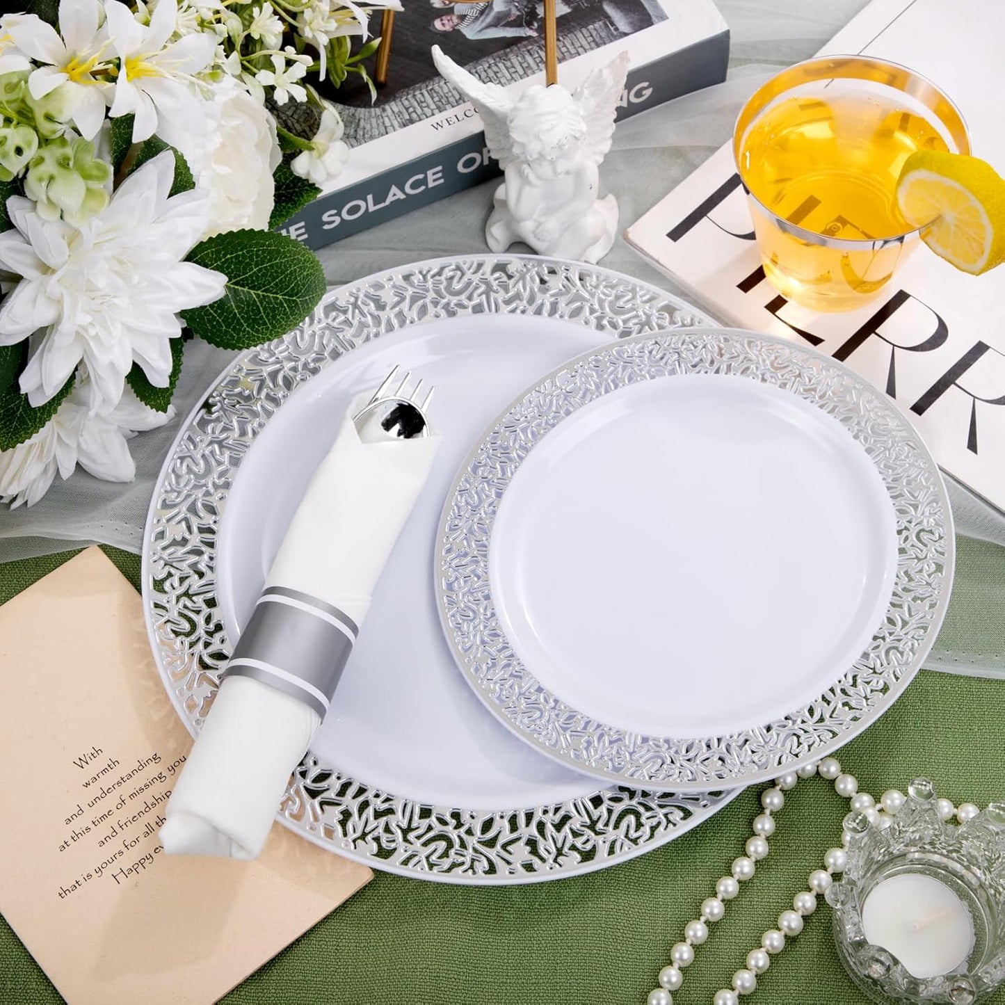 WELLIFE 175Pcs Silver Dinnerware Sets, Include:25 Dinner Plates, 25 Dessert Plates, 25 Paper Napkins, 25 Cups, 75 Silver Silverware Set for Party and Weddings