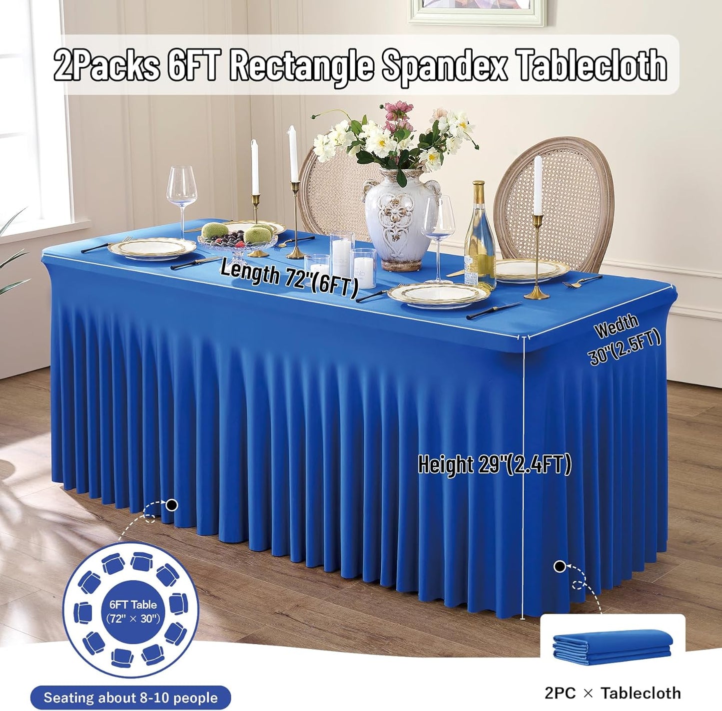 Leegleri 2 Pack Royal Blue Fitted Table Clothes for 6 Foot Rectangle Tables, Wrinkle Free 6ft Table Cover, Spandex Table Skirt for Banquet Weddings Parties