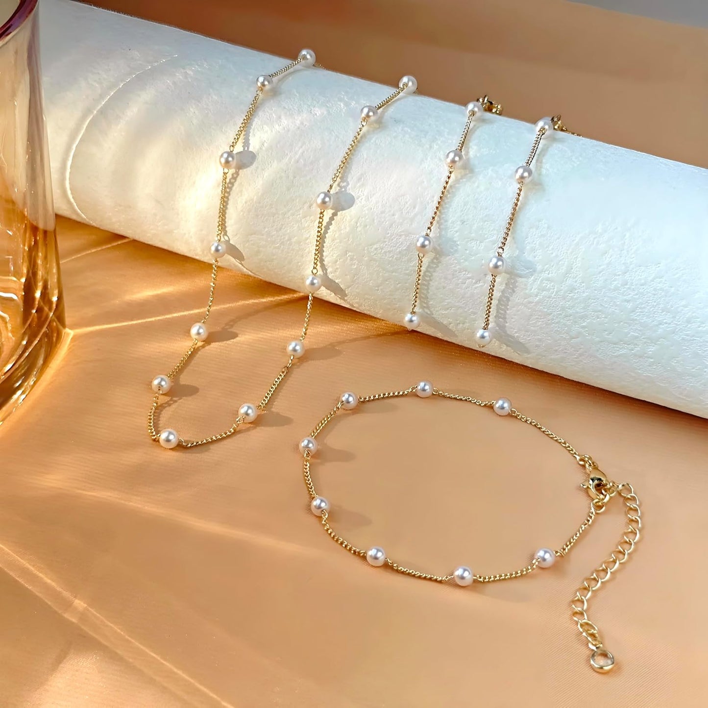 Gold Jewelry Set for Women - Dainty 14K Gold Plated Pearl Necklace and Earring Set with Drop Earrings, Bracelets, Choker Necklace - Wedding Jewelry Gift