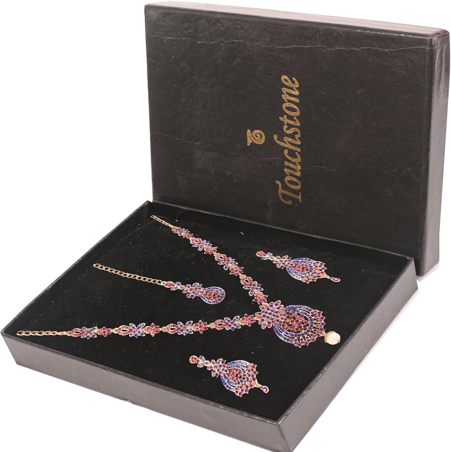 Touchstone Indian jewelry sets for women maang tikka wedding guest gold necklace bollywood jewellery set pageant elegant prom bride accessories western crystal chunky rhinestone necklaces