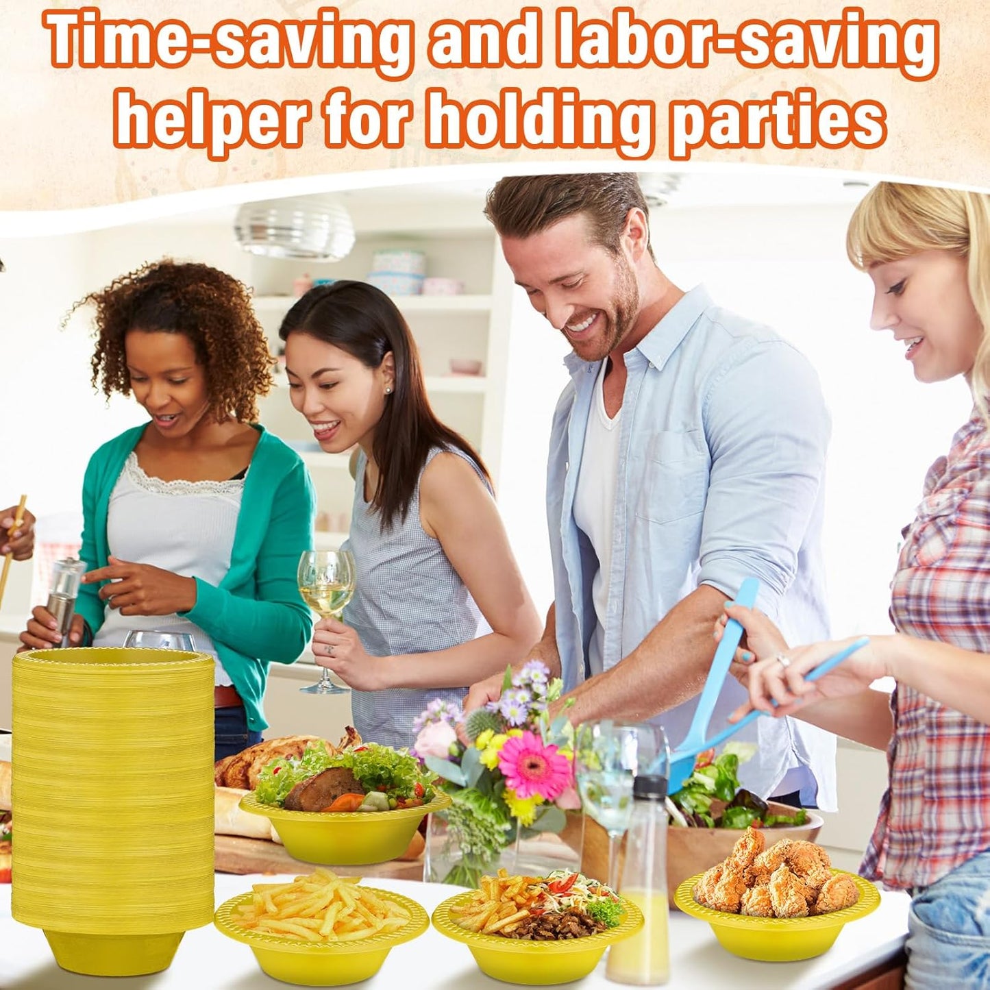 Lallisa 100 Pcs 12oz Yellow Disposable Plastic Bowls Dessert Cups Ice Cream Snack Salad Soup Food Serving Bowls for Party Favor Picnic