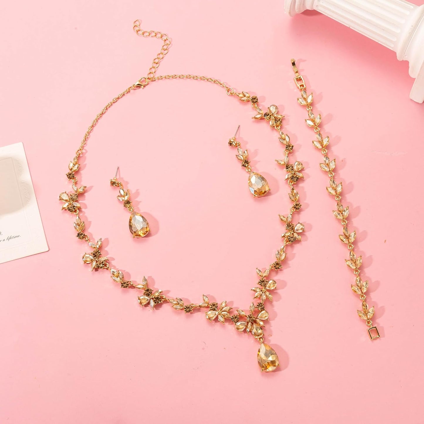 Bridal Wedding Elegant Floral Jewelry Set for Women/Brides/Bridesmaids Crystal Jewelry Set for Wedding Prom Party Bridal Crystal Necklace Earrings Bracelet Set