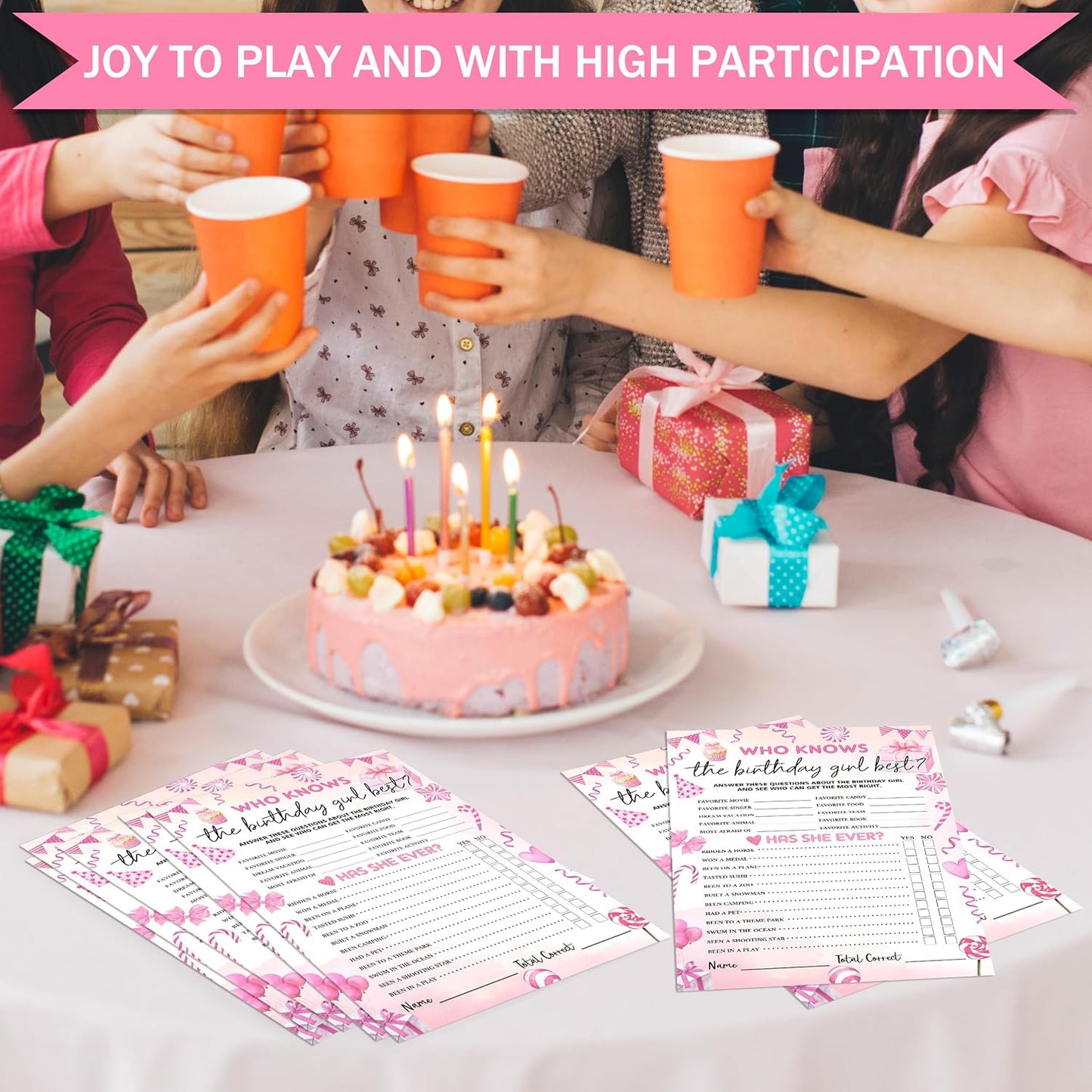 Birthday Party Games Card, Who Knows The Birthday Girl Best, Girls Sleepover Party Supplies for The Girls Card Game, 5x7 Inch Set of 25 Game Cards (Pink, Double-Sided) - A04