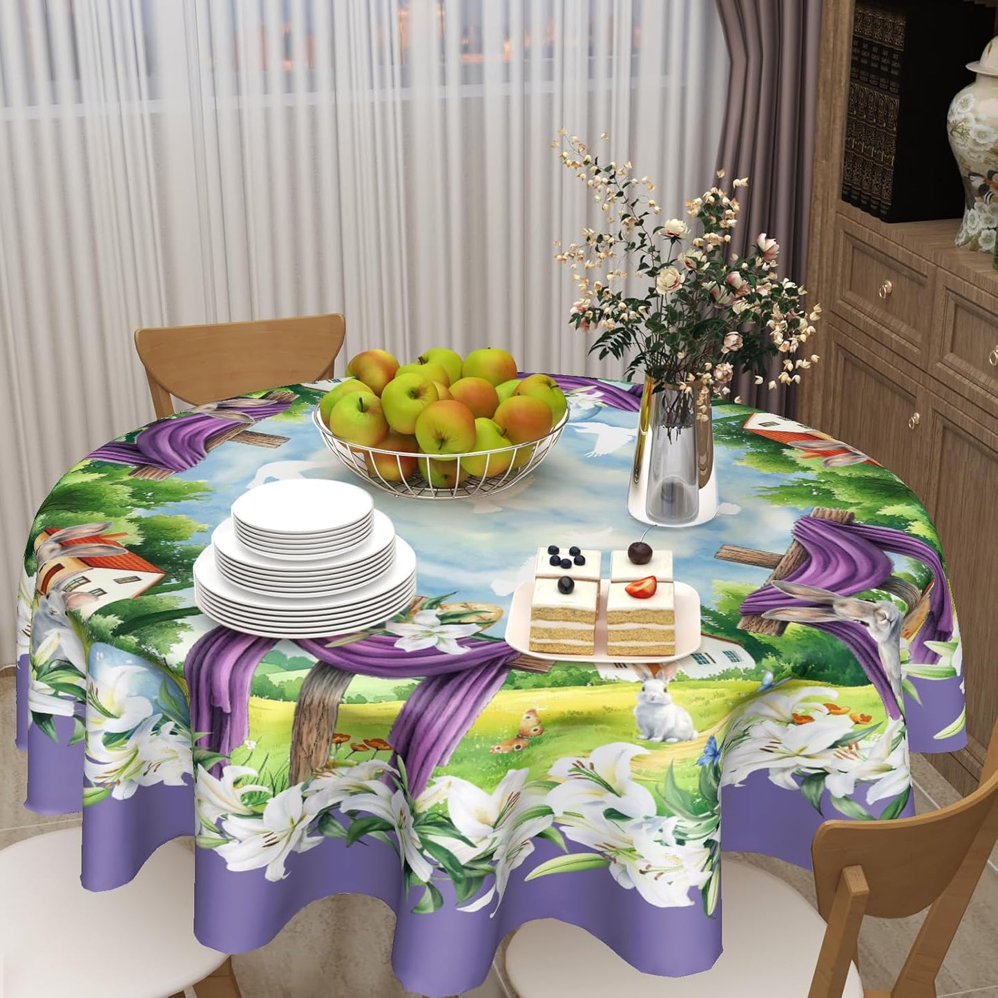 Giwawa Easter Cross Round Tablecloth 60 Inch Spring Bunny Rabbits Eggs Hunt Table Cloth for Kitchen Dining Lily Flowers Polyester Table Cover Holiday Party Picnic Farmhouse Decoration