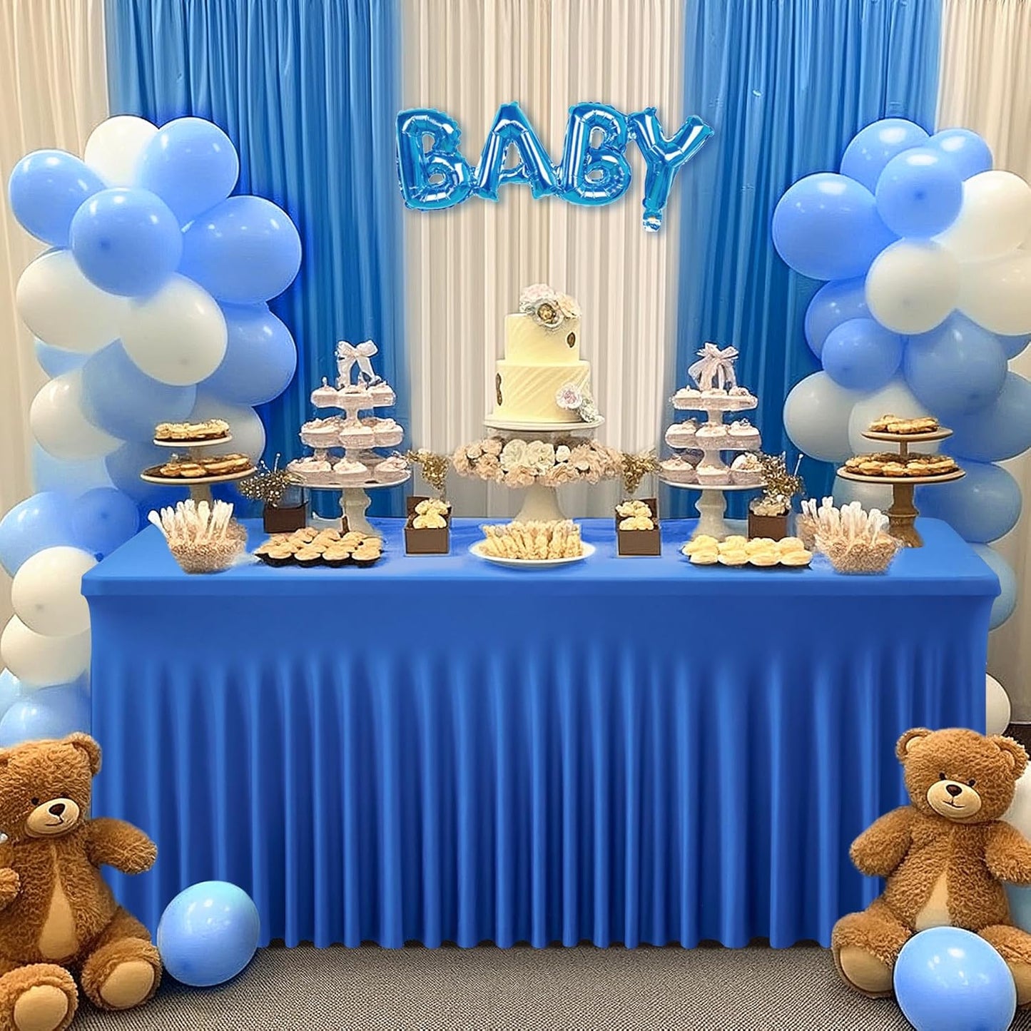 2 Pack Royal Blue Spandex Table Clothes for 8 Foot Rectangle Tables, Wrinkle Free Fitted Table Cover 8ft Stretch Tablecloths with Skirt for Parties Weddings Birthday Banquet Baby Shower