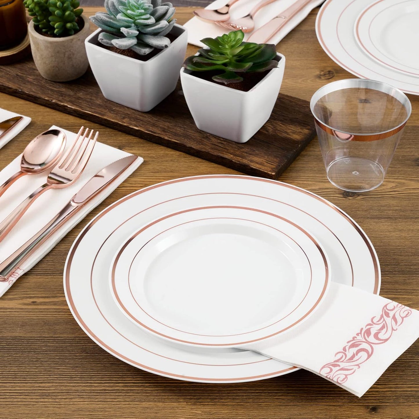FOCUSLINE 175 Count Rose Gold Dinnerware Set for 25 Guests - Rose Gold Rimmed White Disposable Plastic Plates Heavy Duty, Includes 25 Dinner & Salad Plates, Cups, Cutlery Set for Wedding Parties