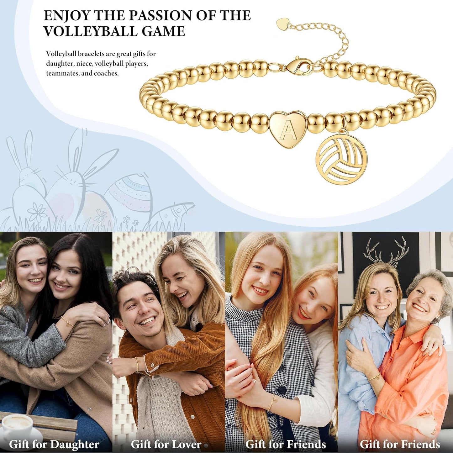 Volleyball Stuff, Volleyball Gifts Stocking Stuffers for Teens Initial Bracelet Adjustable Letter A-Z Gold Beaded Bracelets for Women Heart Link Valentines Day Gift Basket Christmas Graduation Jewelry