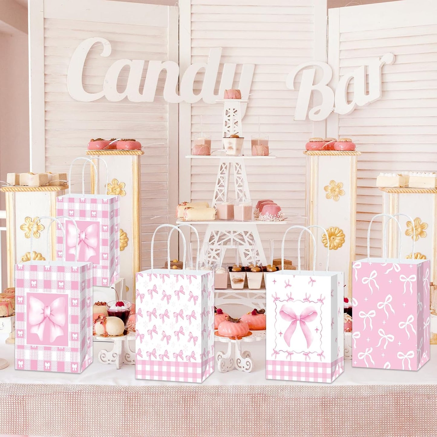 12 Pcs Pink Ribbon Bow Gift Bags with Handles, Plaid Kraft Paper Bags for Coquette-Style Birthday Party Favors, Baby Shower, Wedding, Girls Tea Party, Cute Pink Goodie Bag Bulk for Treats and Gifts