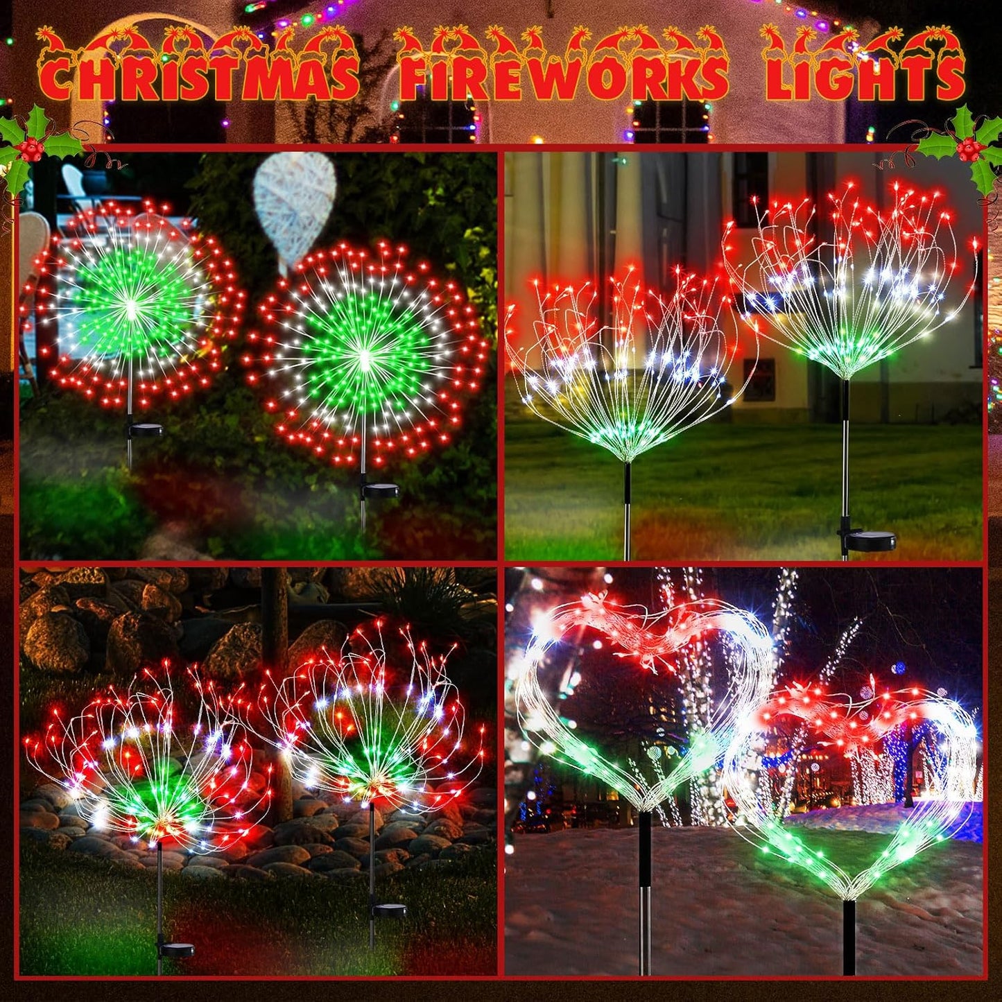 4 Pack Christmas Solar Firework Lights Decorations Garden Pathway Solar Power Light Stake Waterproof Landscape Lamp with 180 LED 8 Modes for Christmas Party Decoration(Red, White, Green)