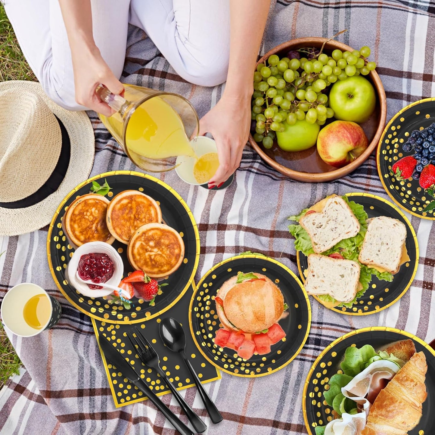 350Pcs Black and Gold Party Supplies, Severs 50 Golden Dot Black Paper Plates Party Dinnerware Include Black Plastic Forks Knives Golden Napkins Cups Spoons Knives for Retirement,Graduation, Birthday