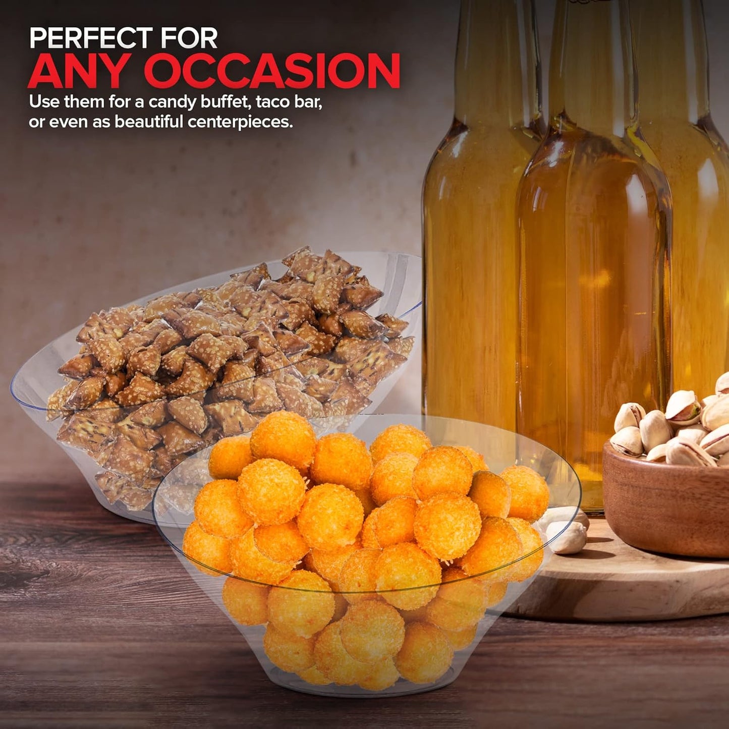 20oz Clear Plastic Serving Bowls (4 Pack) Medium Disposable Candy Dishes, Buffet Containers, Chips, Popcorn, Snacks, Mints, Salad Bar, Snack Bowl, Parties, Office Desk, Bridal Shower, Party Supplies