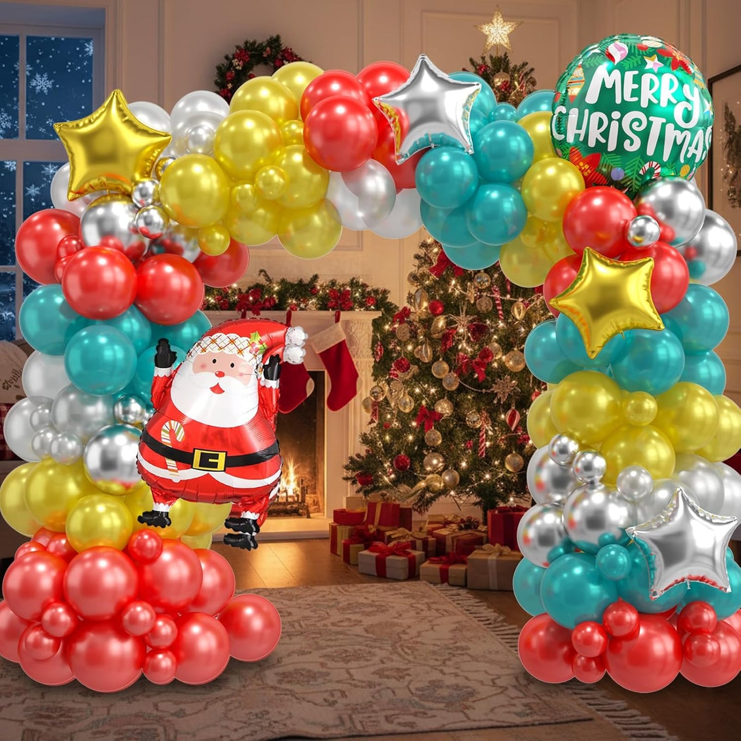 Christmas Balloon Arch Kit, Pearl Red Teal Blue Gold Silver Balloons Garland Arch with Metallic Silver Balloons, Round Garland Santa Claus Stars foil Balloon for Christmas New Year Party Decorations