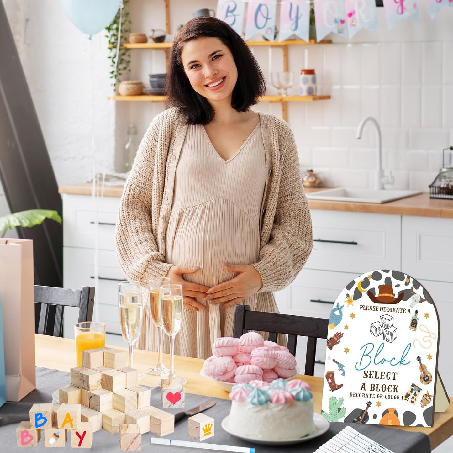 Cowboy Baby Shower Games Kit, Wild Western Baby Shower Decor, Cowboy Babies Games with 50 Blank Wooden Blocks, 24 Acrylic Paint Marker and Wooden Sign, Wild Western Games Blocks Sign for Boys Girls