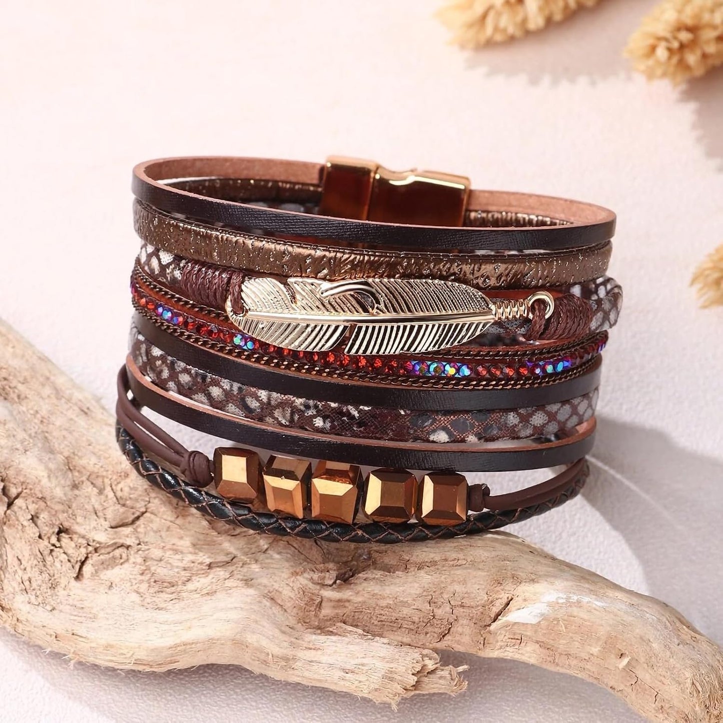 Fesciory Leopard Bracelet for Women, Boho Leather Wrap Multi-Layer Pearl Crystal Bracelet Bangle Jewelry