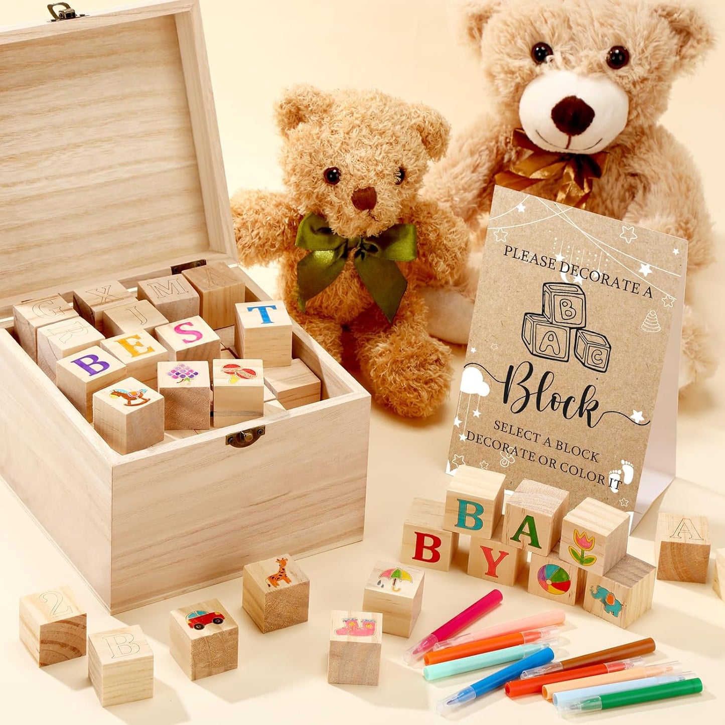 Marsui 136 Pcs Baby Shower Blocks to Decorate Game Kit Includes 98 Wooden Blocks, 36 Markers, 1 Game Sign, 1 Storage Box for Baby Shower Gender Reveal Activity Party Decorations(Cloud)