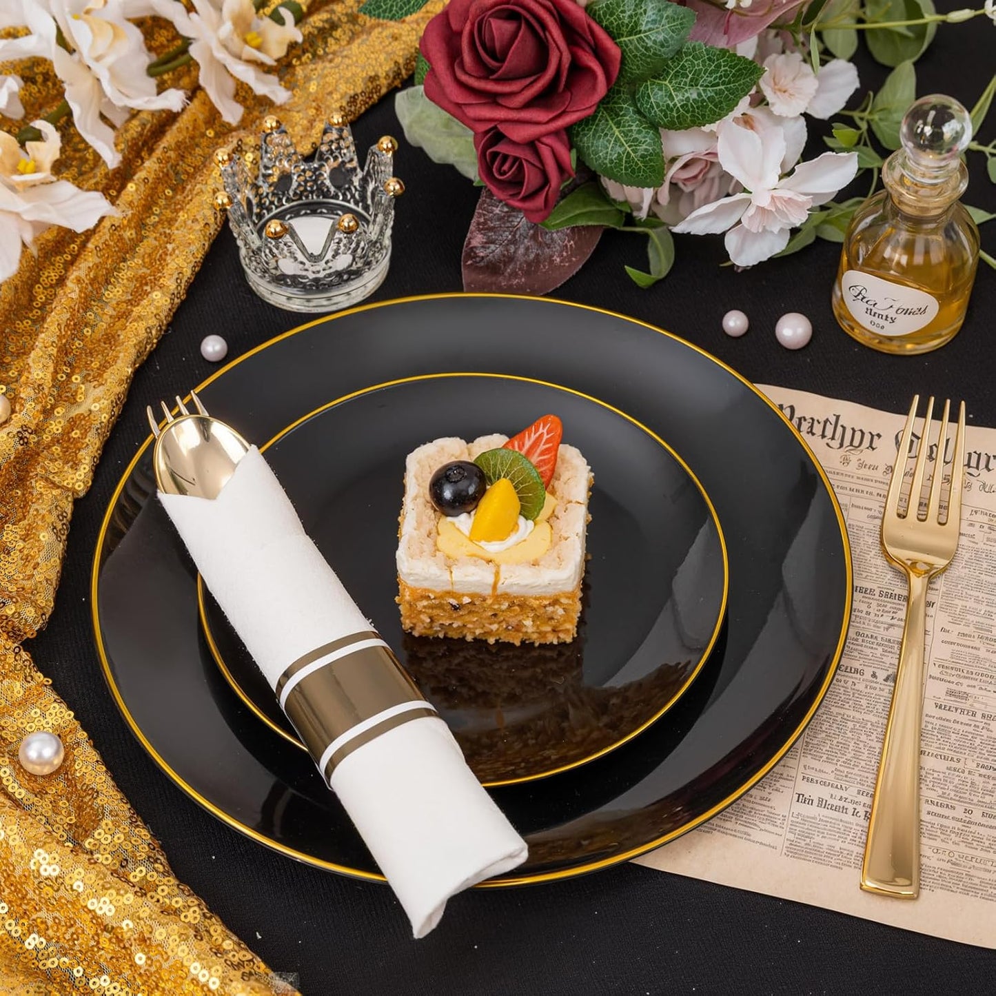 KIRE 175Pcs Black Plates Disposable - Heavy Duty Black and Gold Plastic Plates- 25 for Dinner 25 for Dessert 25 Pre Rolled Gold Silverware and 25 Cups for New Year/Birthday Party