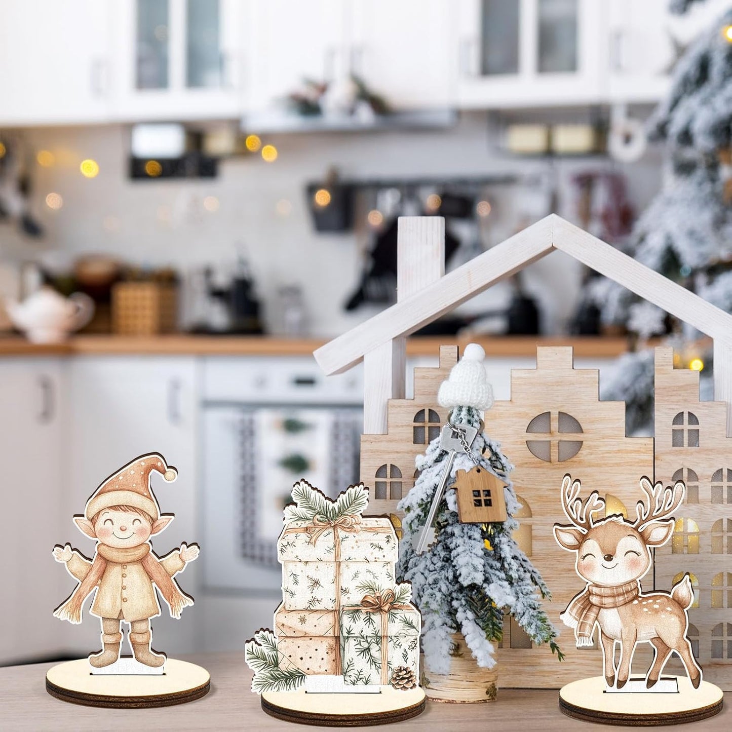 16 Pcs Wooden Boho Sad Beige Christmas Table Centerpiece Vintage Watercolor Xmas Tabletop Detachable Sign Farmhouse Snowman Deer Santa Table Toppers Display Decor Photo Props Party Favor Supplies