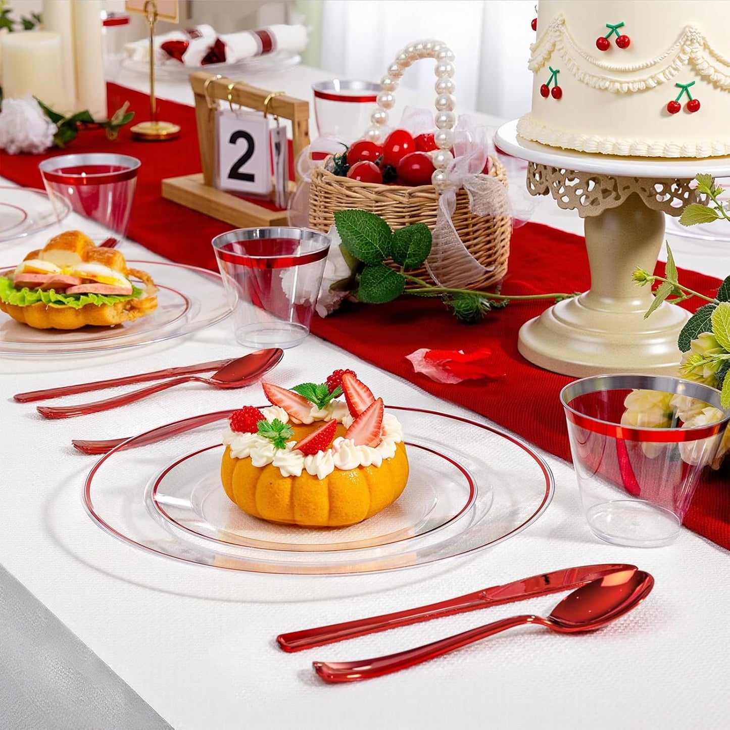 SUT 175 Pcs Red and Clear Plastic Dinnerware Set for 25 Guests, Include: 25 Dinner Plates, 25 Dessert Plates, 25 Pre Rolled Napkins With Silverware, 25 Cups, Disposable Plates for Party, Christmas