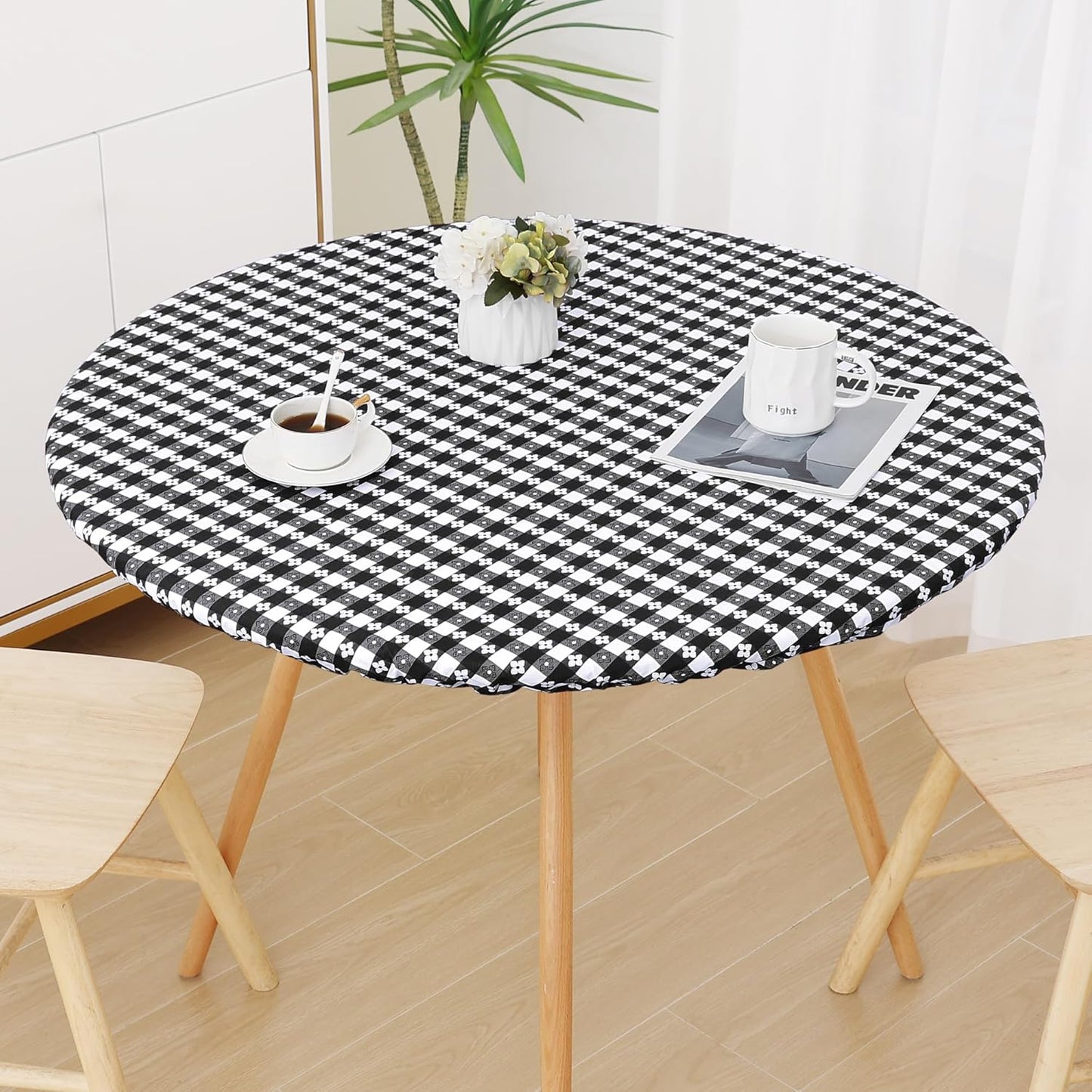 Round Vinyl Table Cloth, Waterproof Elastic Fitted Tablecloth with Flannel Backing, Plastic Table Cover for Picnic, Camping, Outdoor (Black & White, 36" - 44")