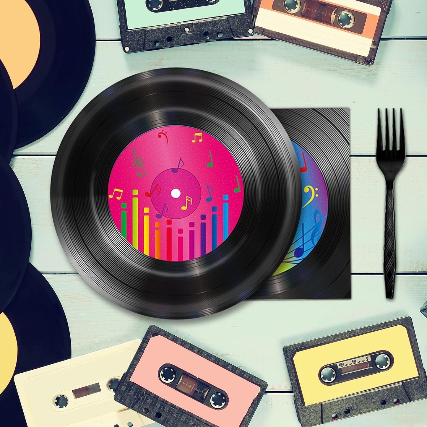 200 PCS Vinyl Record Tableware Disposable for 1950's Rock Music Party Supplies Back to 50s Rock Dinnerware Set Dessert Paper Plates Napkins Forks 50's Theme Party Retro Decorations Serve 50 guest